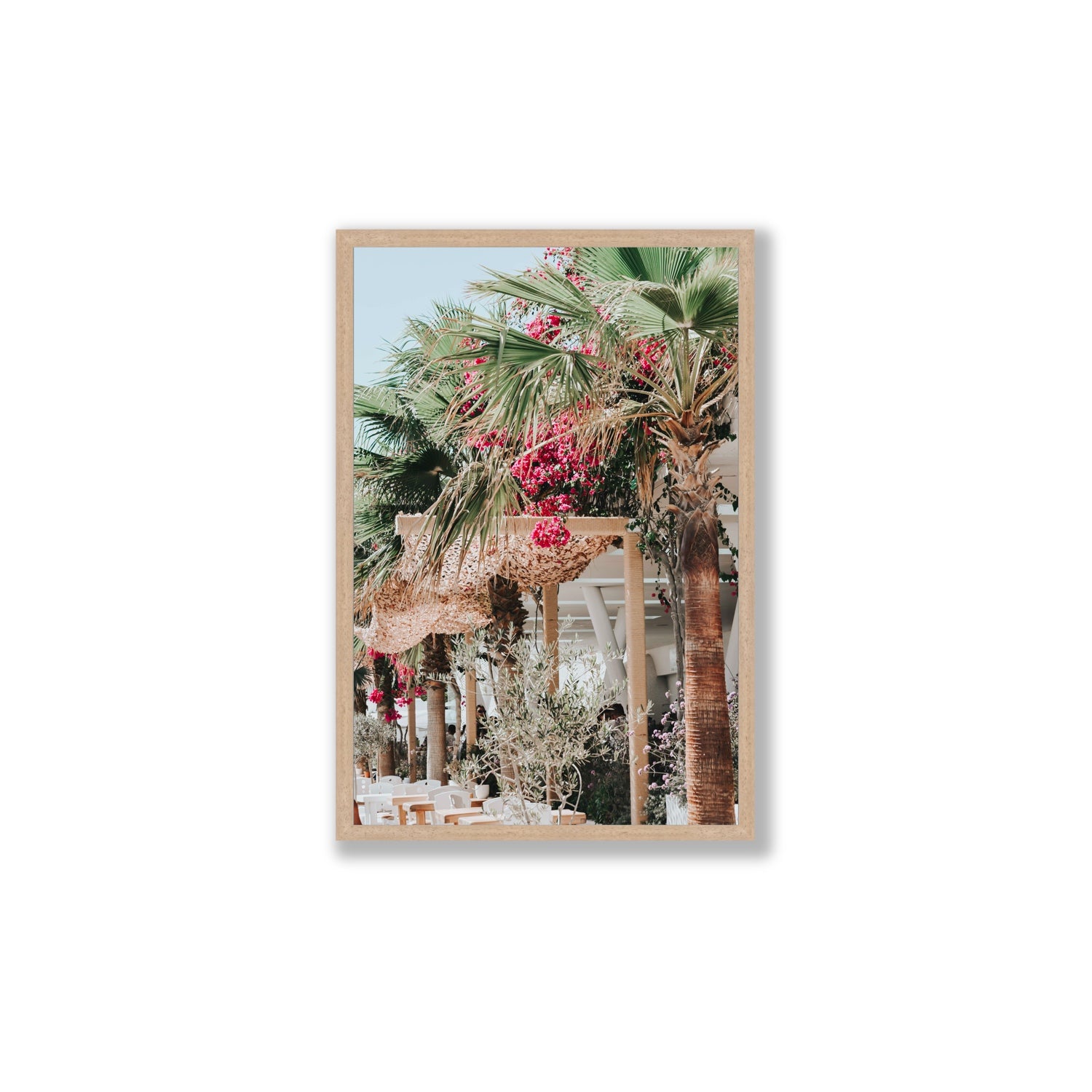 Palm Trees Mykonos Greek island wall art Large full-bleed fine art print in natural oak frame