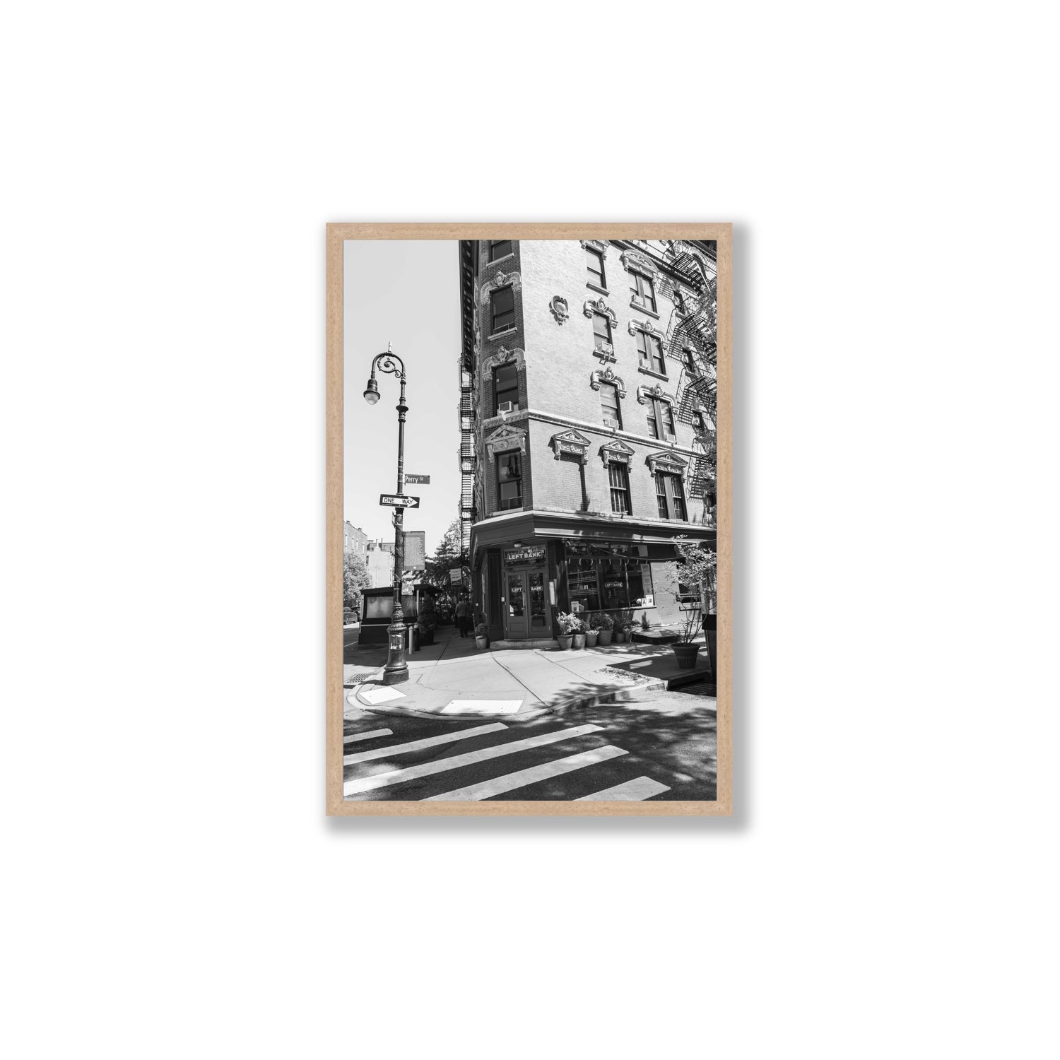 Parisian On Perry New York NYC Black & White wall art Large full-bleed fine art print in natural oak frame