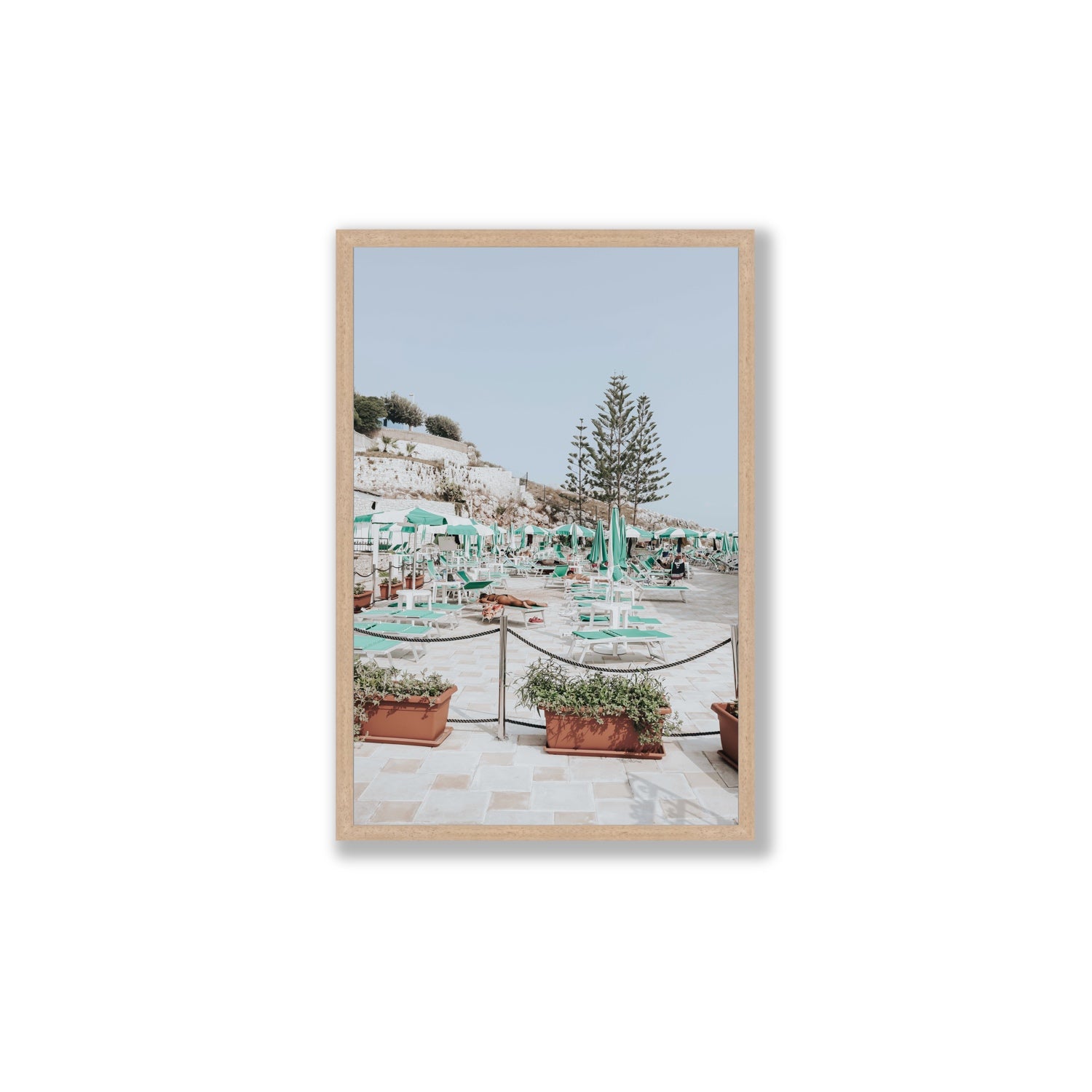 Siesta on The Terrace Puglia coastal wall art Large full-bleed fine art print in natural oak frame