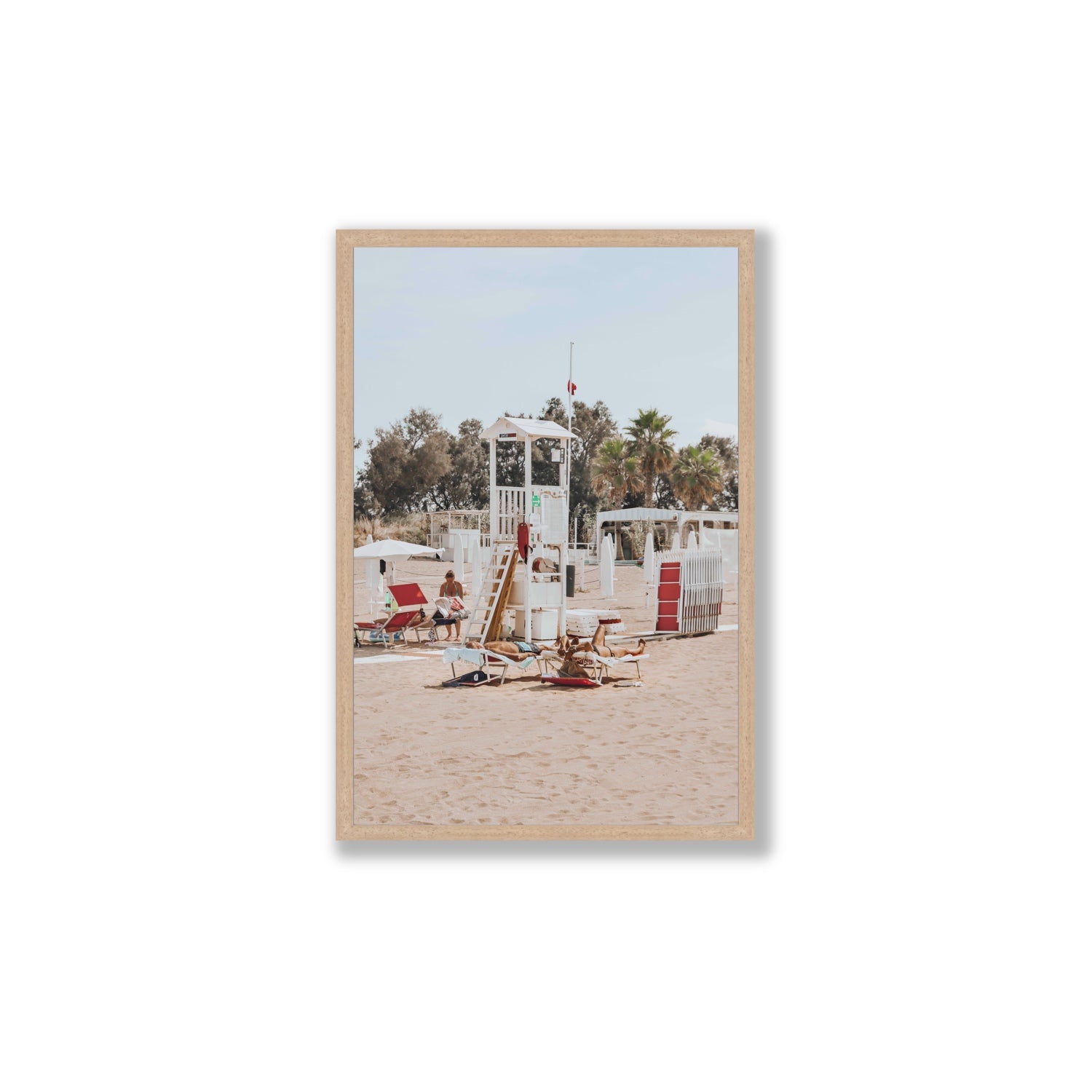 Red Lounge Reverie Puglia beach coastal wall art Large full-bleed fine art print in natural oak frame