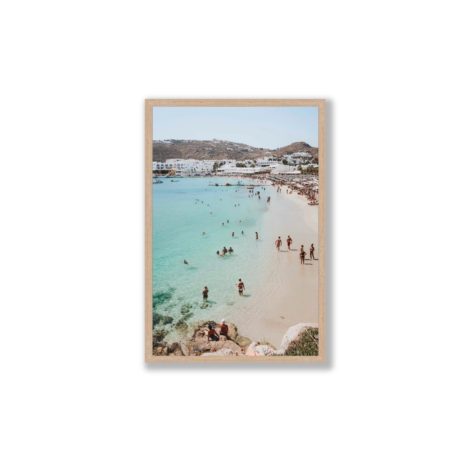 Breathe In The Salty Air Mykonos Greek island wall art Large full-bleed fine art print in natural oak frame