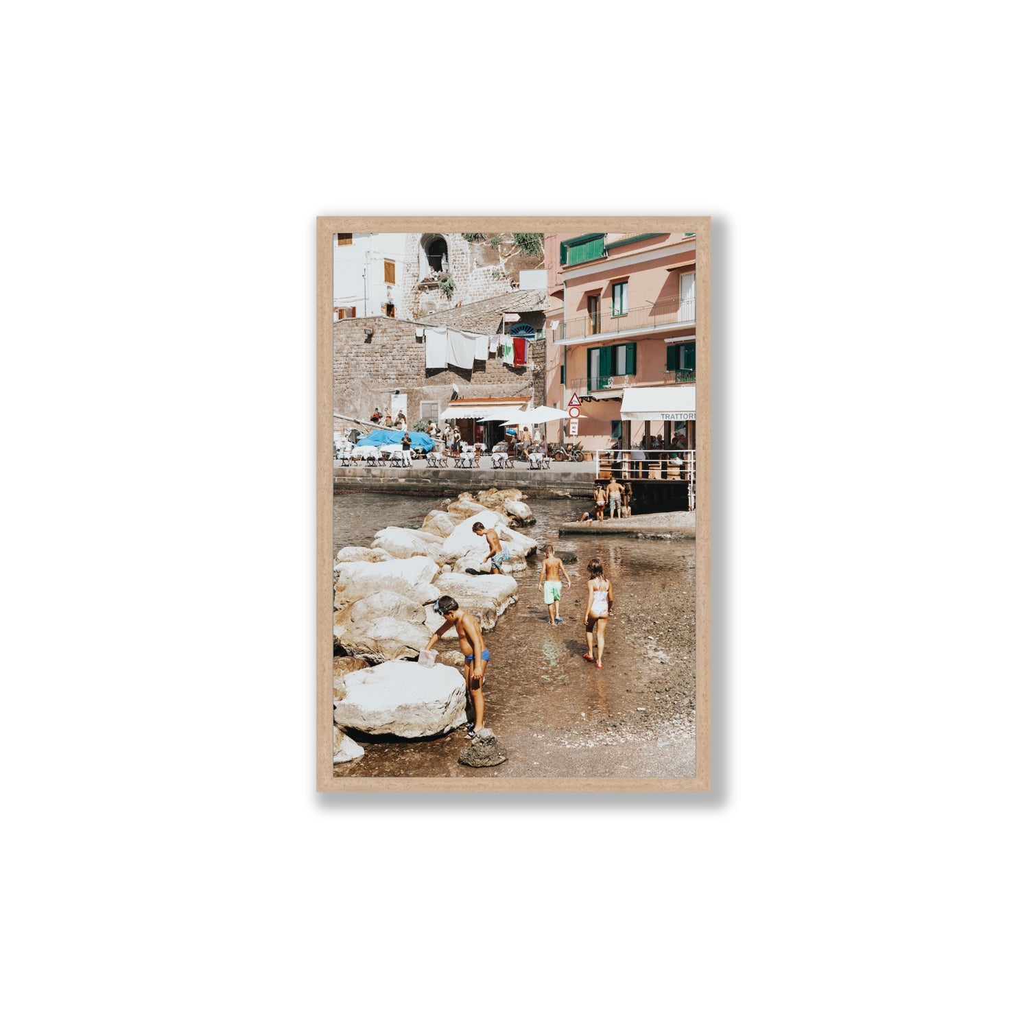 The Beachcombers Sorrento beach coastal wall art Large full-bleed fine art print in natural oak frame
