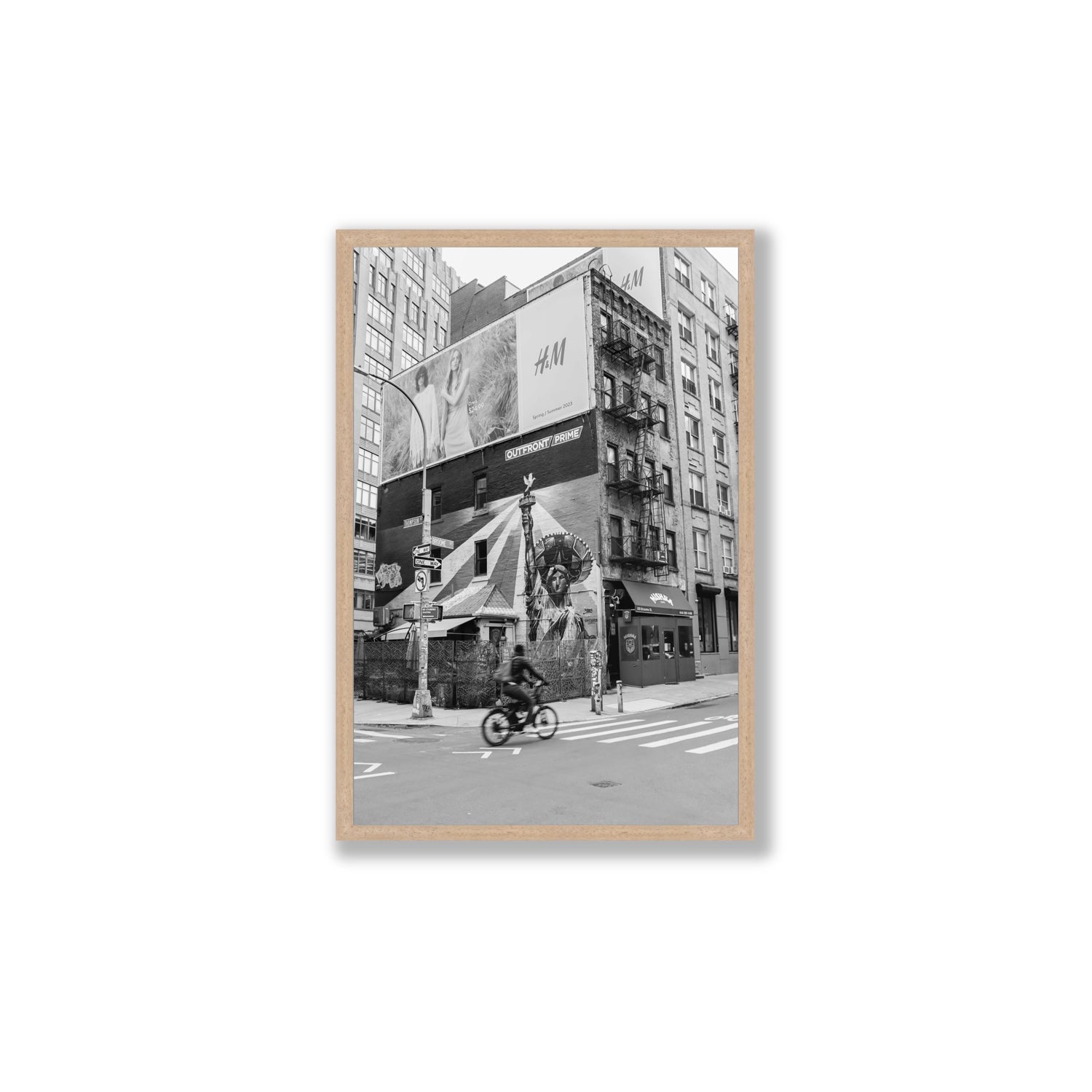 Shadows Of Liberty New York NYC Black & White wall art Large full-bleed fine art print in natural oak frame
