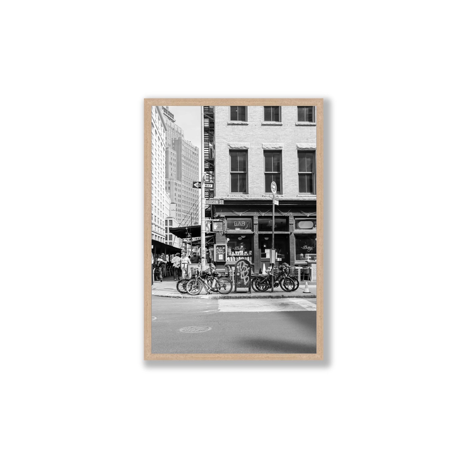 Bites Of The Big Apple New York NYC Black & White wall art Large full-bleed fine art print in natural oak frame