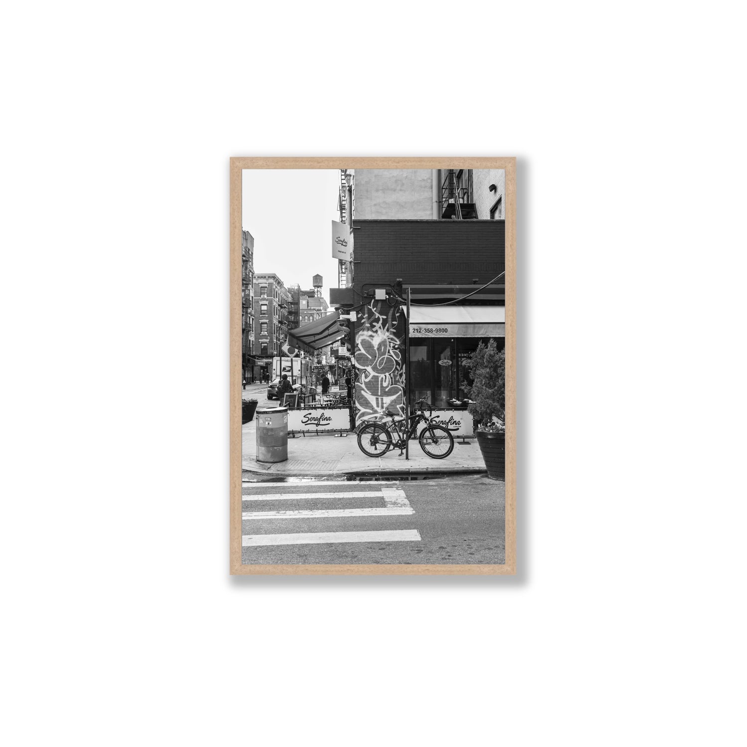 Cafe Canvas New York NYC Black & White wall art Large fine art canvas in natural oak frame view 2