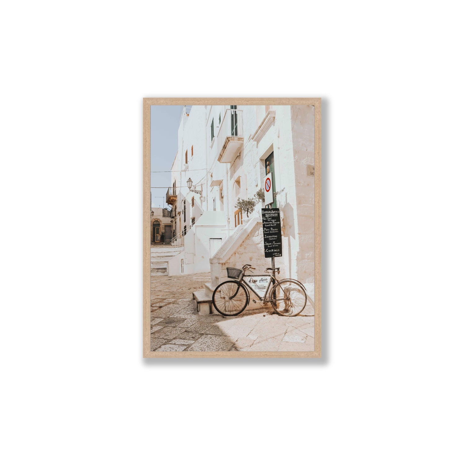 La Bicicletta Puglia Ostuni wall art Large full-bleed fine art print in natural oak frame