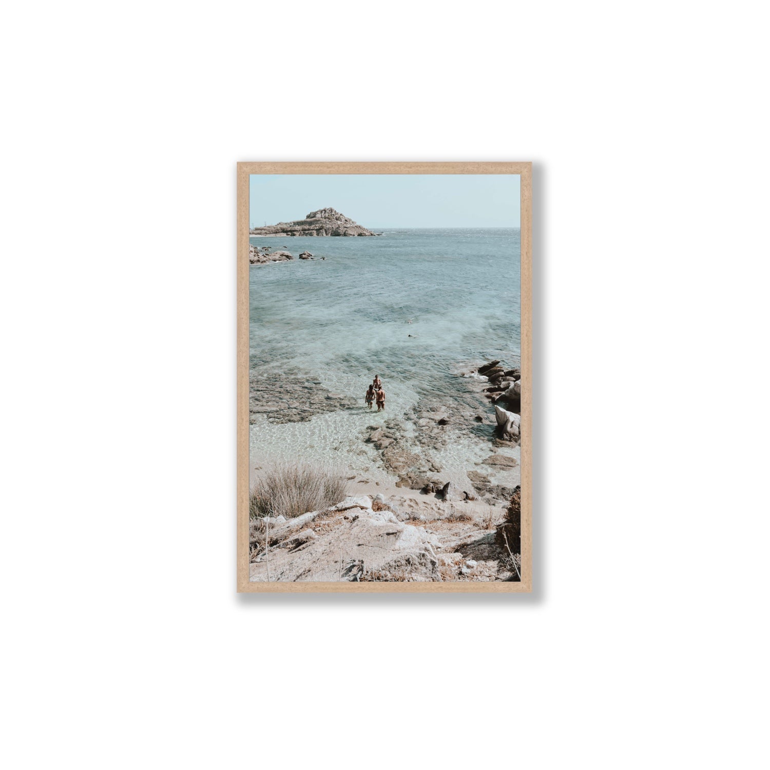 Island Life Mykonos coastal Greek island wall art Large full-bleed fine art print in natural oak frame