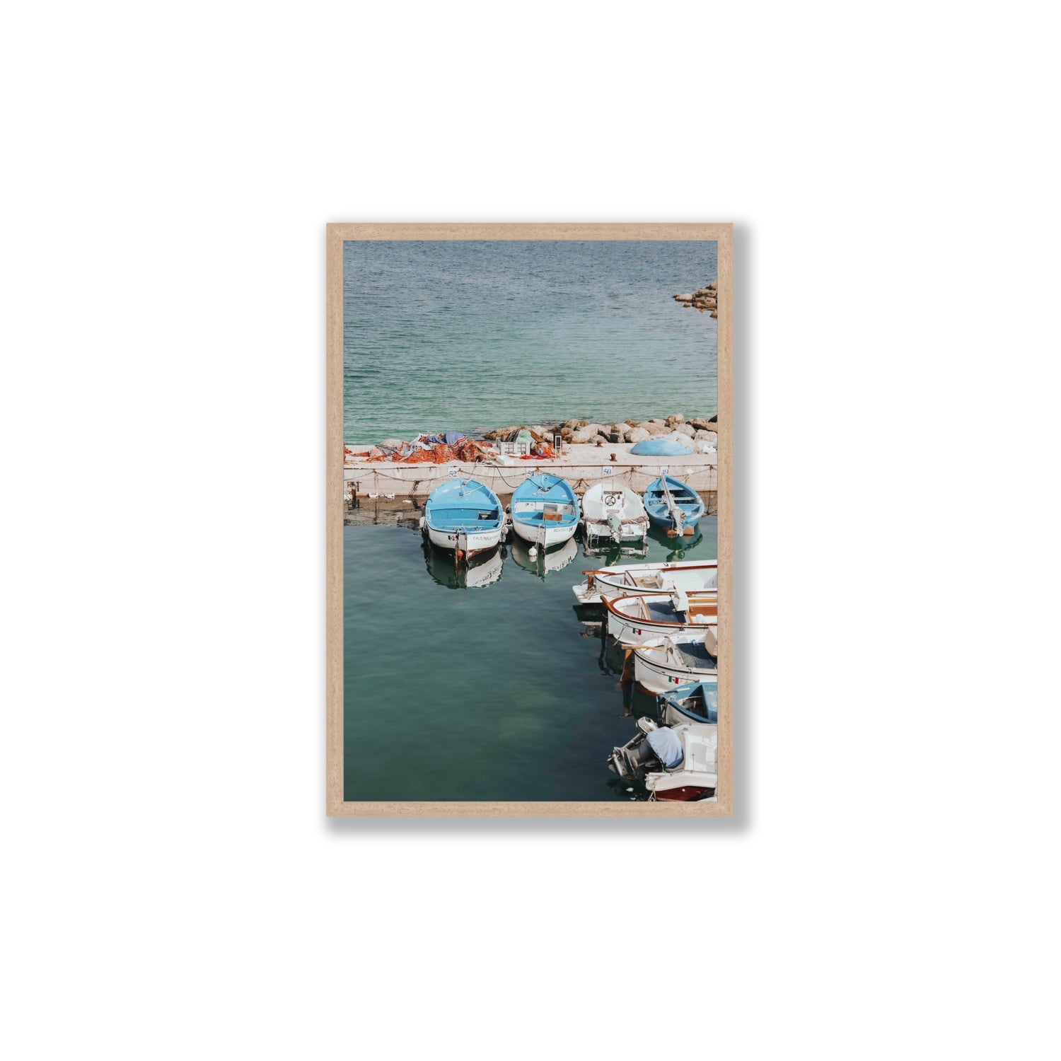 Maritime Memories Puglia Harbour Reflections coastal wall art Large full-bleed fine art print in natural oak frame