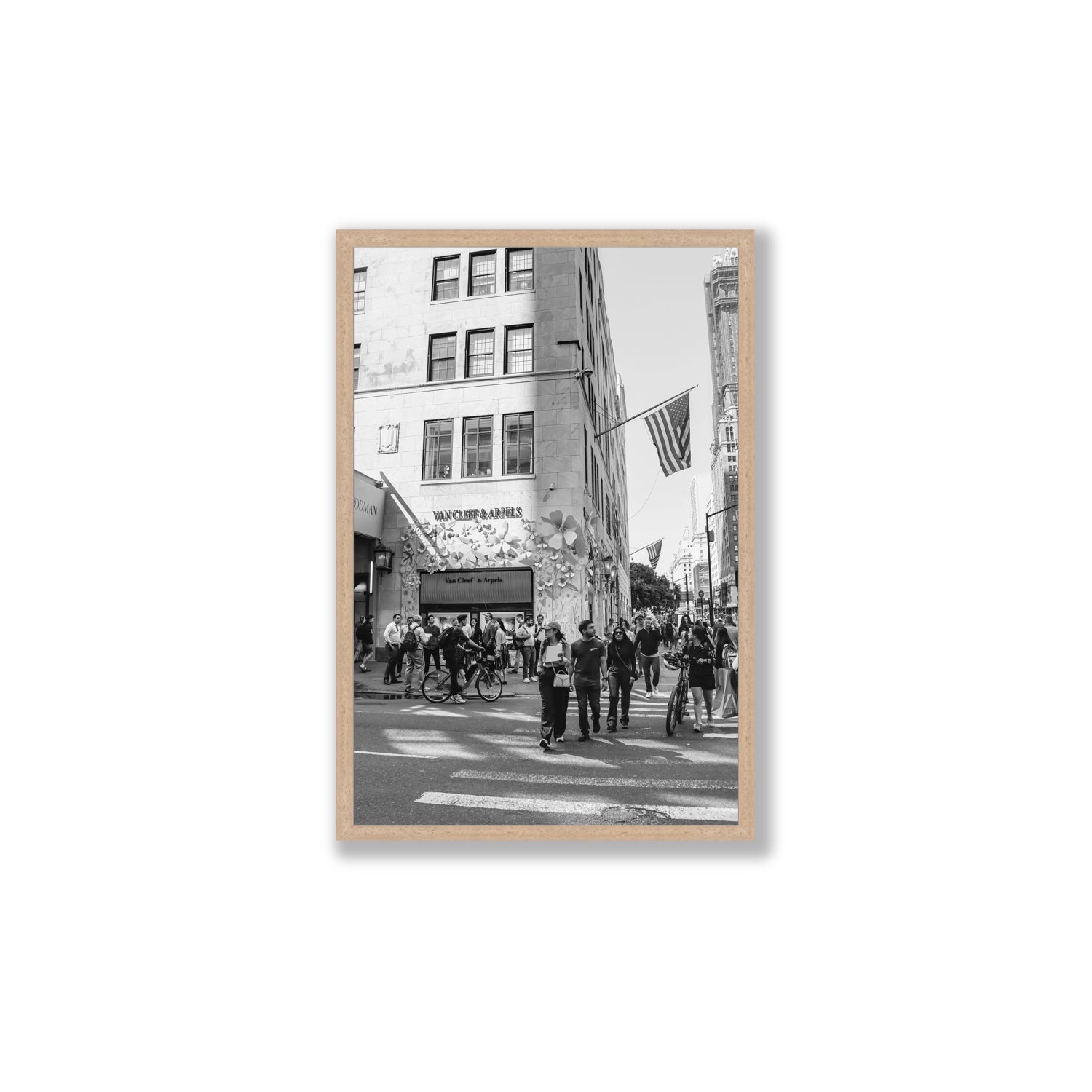 Sidewalk Shuffle New York NYC Black & White wall art Large full-bleed fine art print in natural oak frame