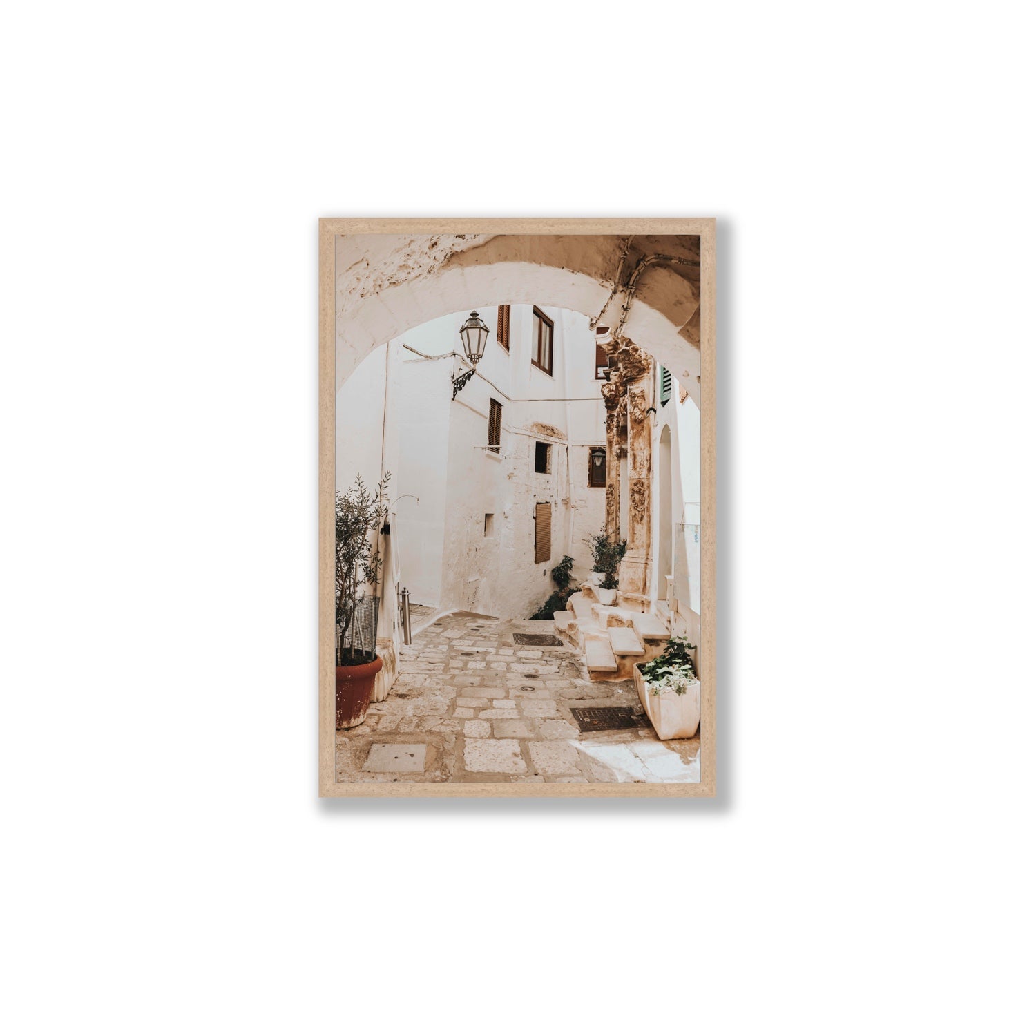 Pathway Wander Puglia Ostuni wall art Large full-bleed fine art print in natural oak frame