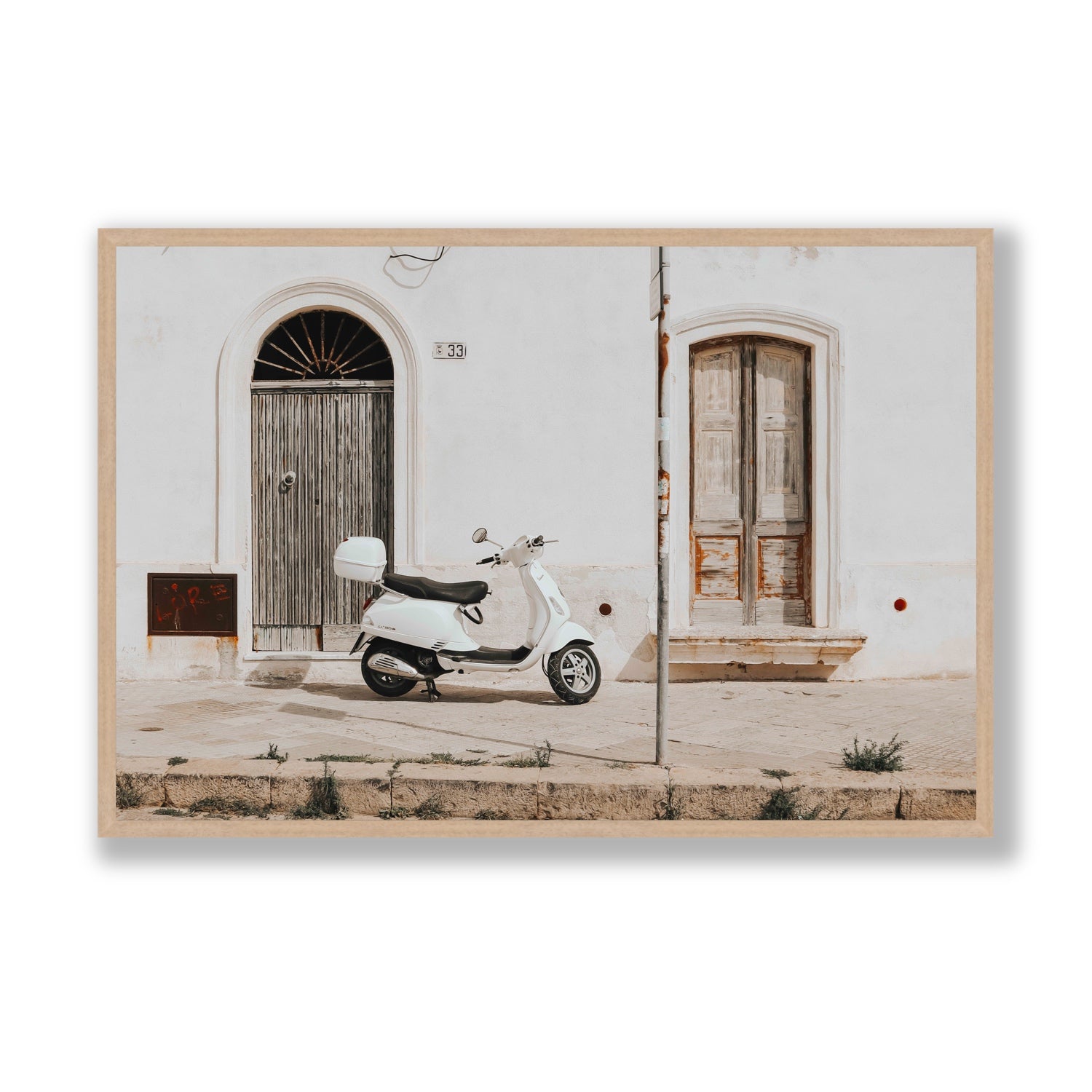 Vespa Nostalgia Puglia Italian wall art Statement full-bleed fine art print in natural oak frame