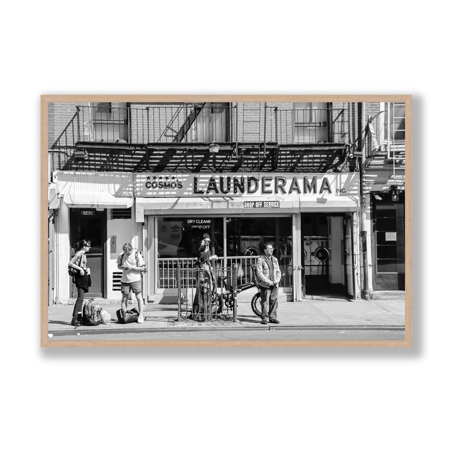 Launderama New York NYC Black & White wall art Statement full-bleed fine art print in natural oak frame
