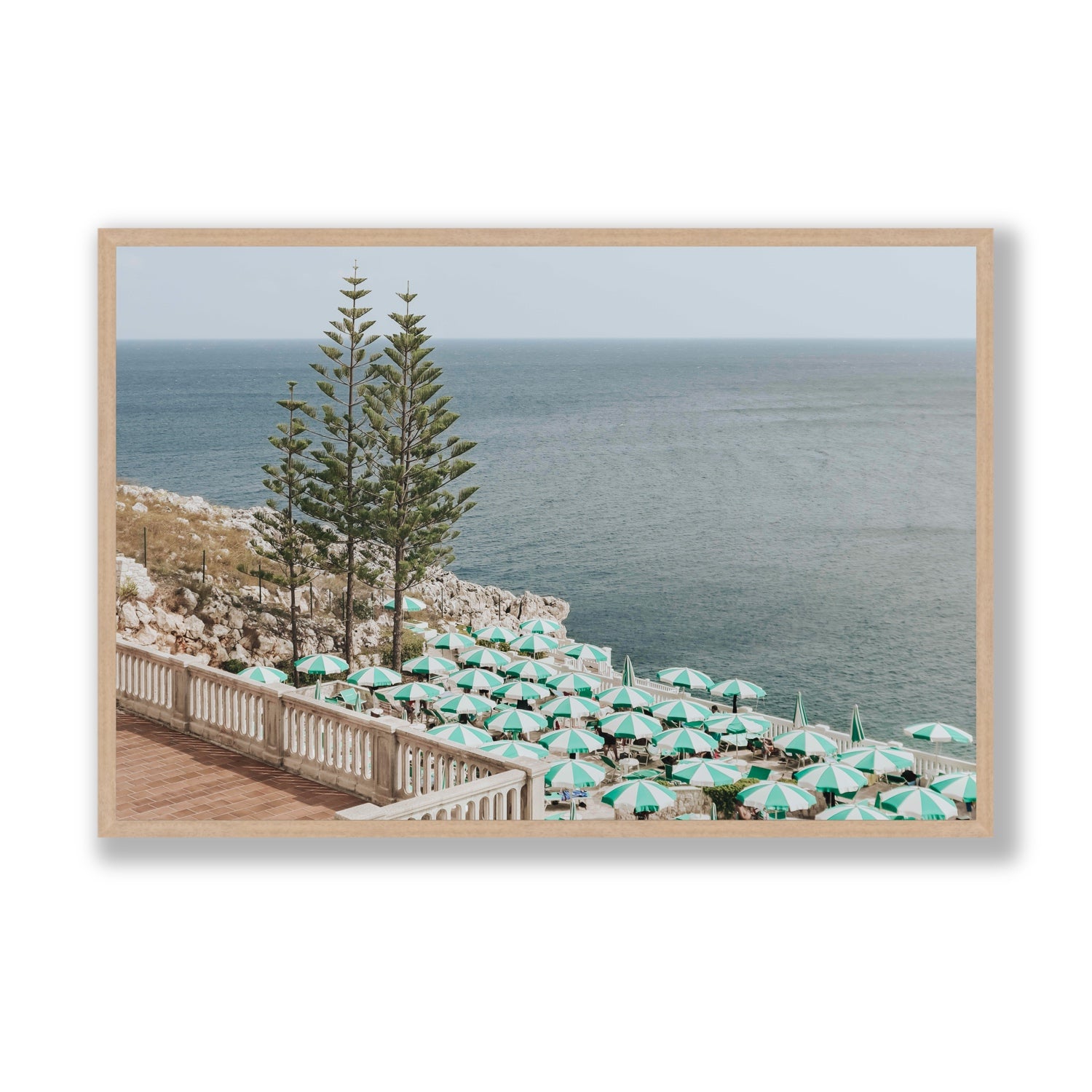 Azure Horizon Puglia beach coastal wall art Statement full-bleed fine art print in natural oak frame