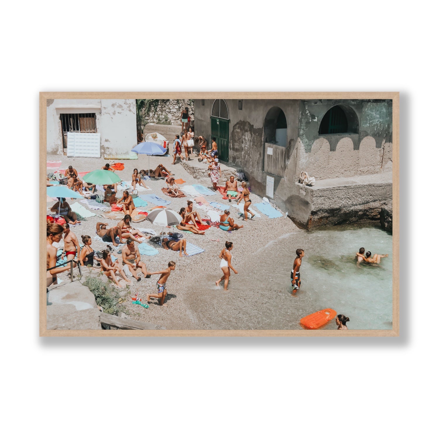Heatwave Capri beach coastal wall art Statement full-bleed fine art print in natural oak frame