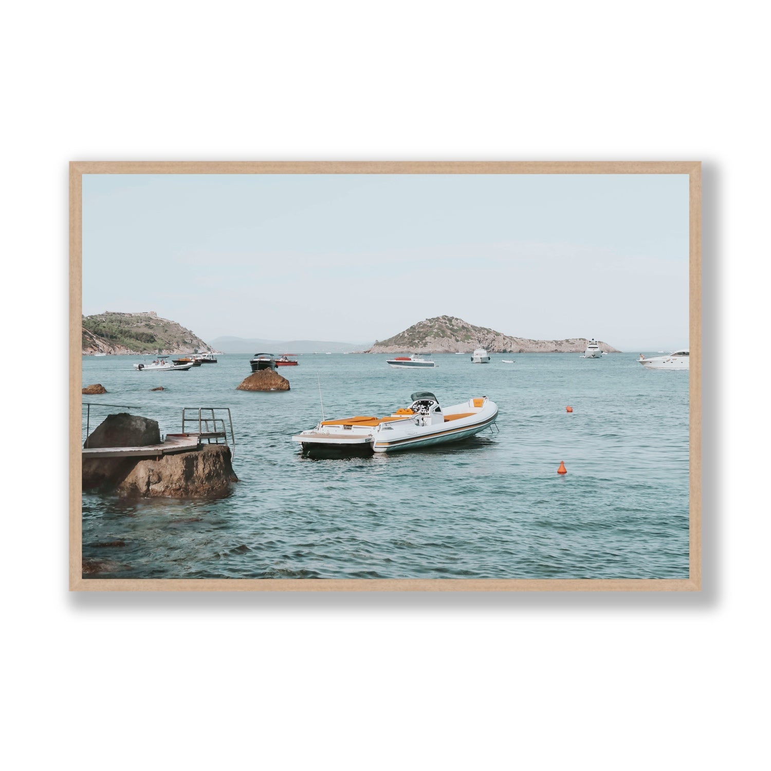 The Azure Sea Tuscany coastal Italian wall art Statement full-bleed fine art print in natural oak frame