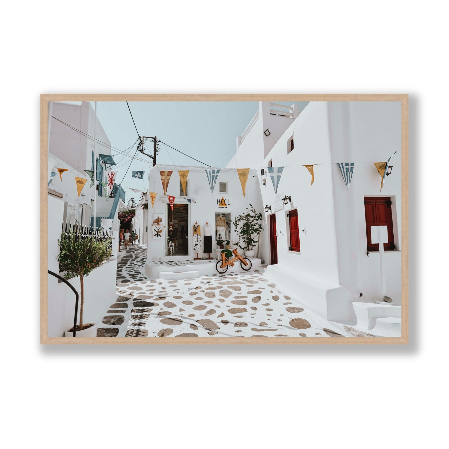 Cruising The Streets Mykonos Greek island wall art Statement full-bleed fine art print in natural oak frame
