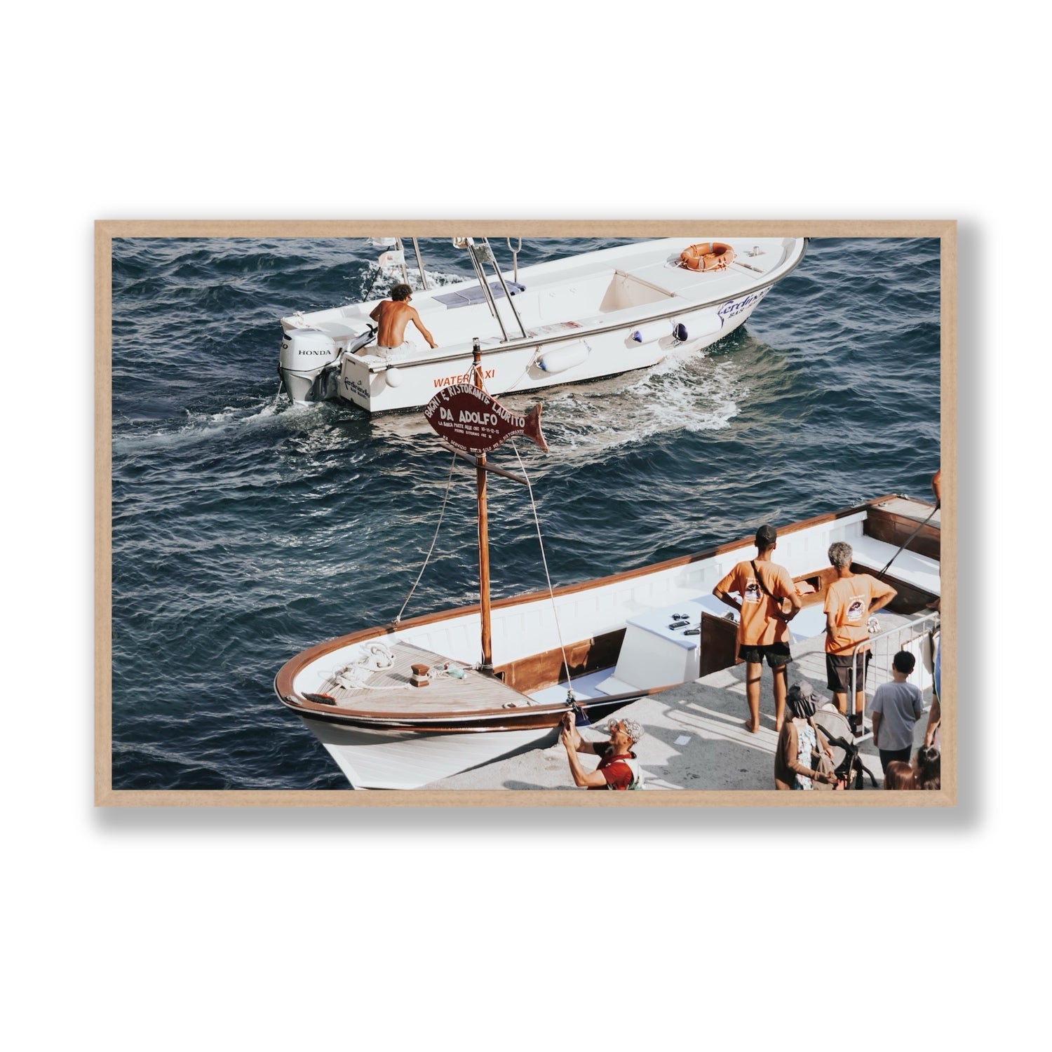 Water Taxi Positano wall art Statement full-bleed fine art print in natural oak frame