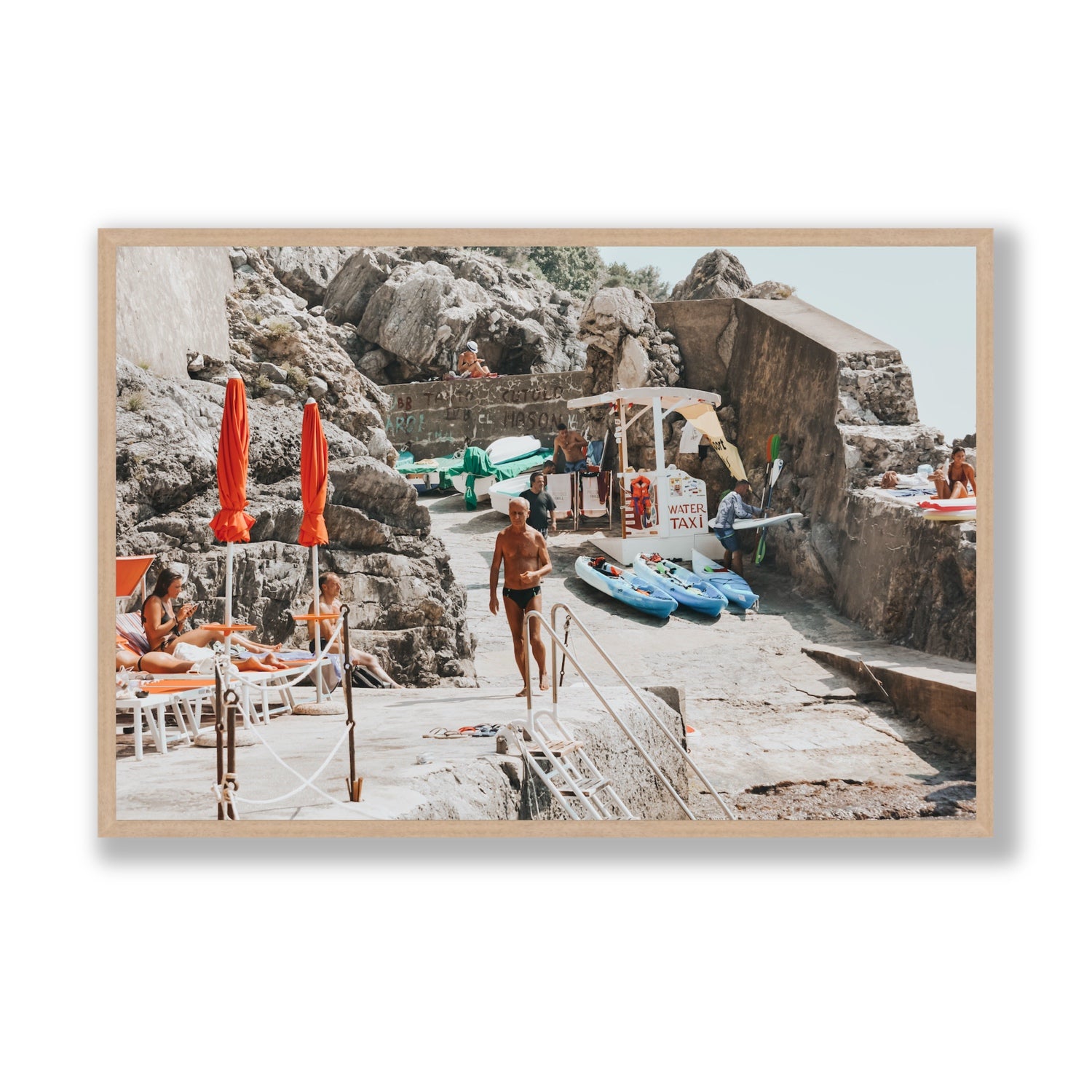 The Local Praiano Amalfi Coast Mediterranean wall art Statement full-bleed fine art print in natural oak frame