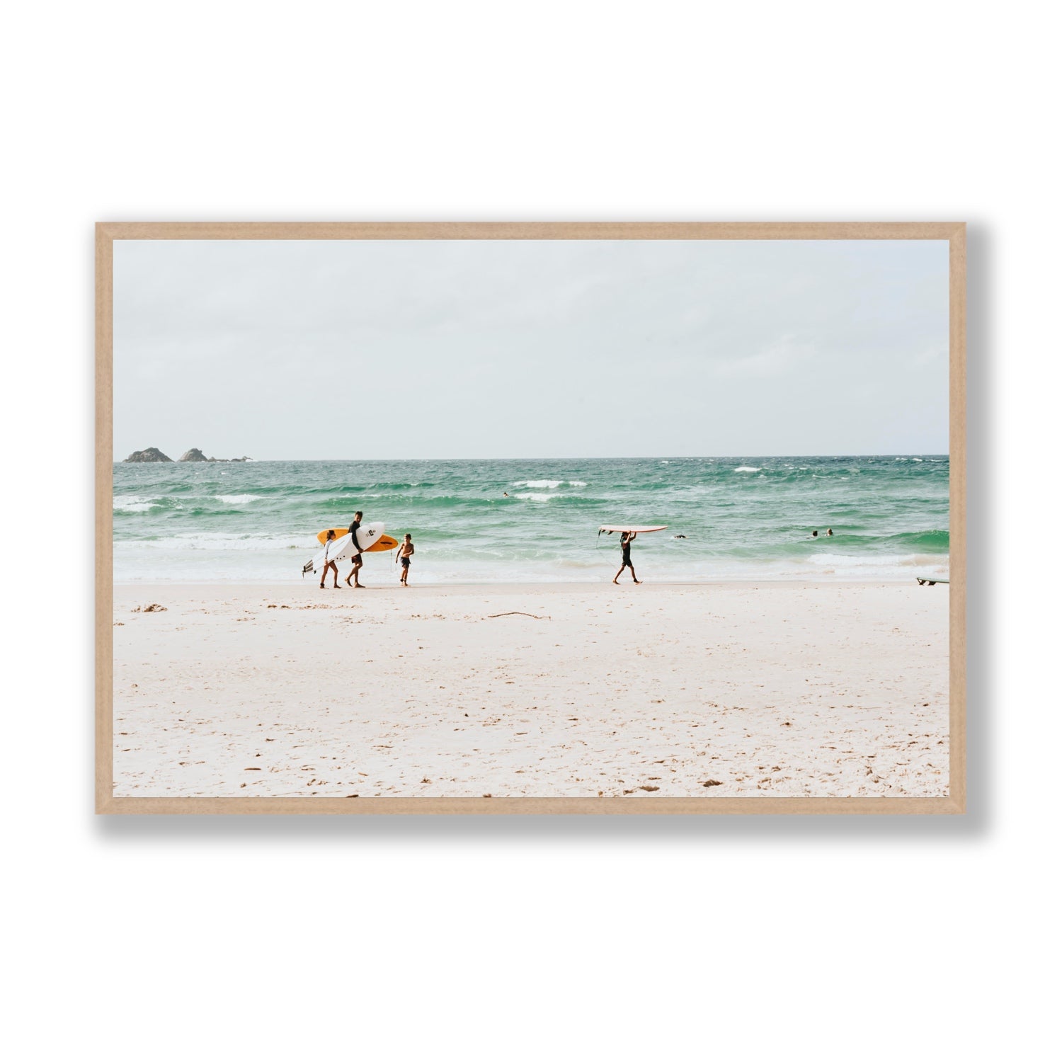 La Famiglia Byron Bay Family Surf coastal wall art Statement full-bleed fine art print in natural oak frame