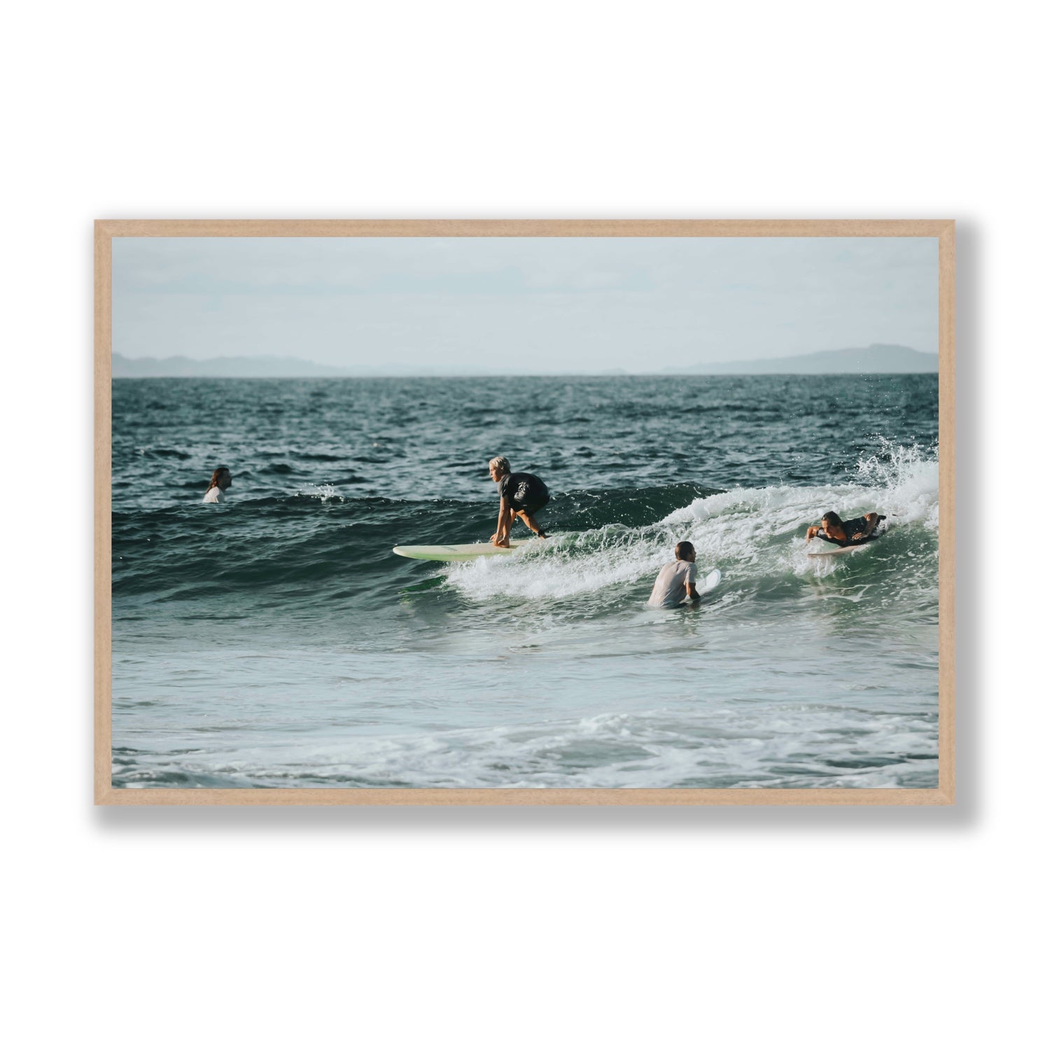 The Boys of Summer Byron Bay Surf coastal wall art Statement full-bleed fine art print in natural oak frame