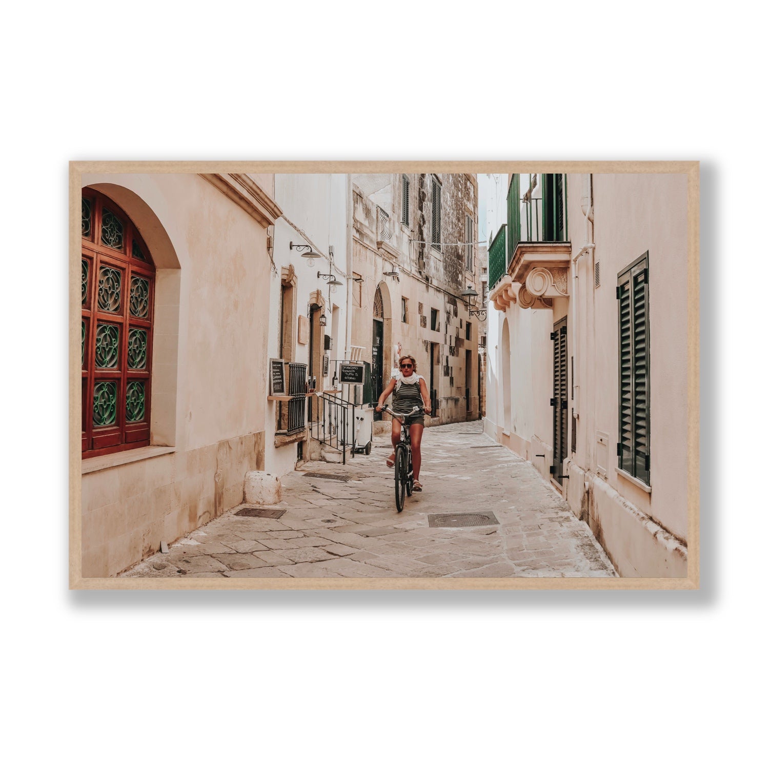 La Donna In Bicicletta Puglia Wall Italian fine art print Statement full-bleed fine art print in natural oak frame