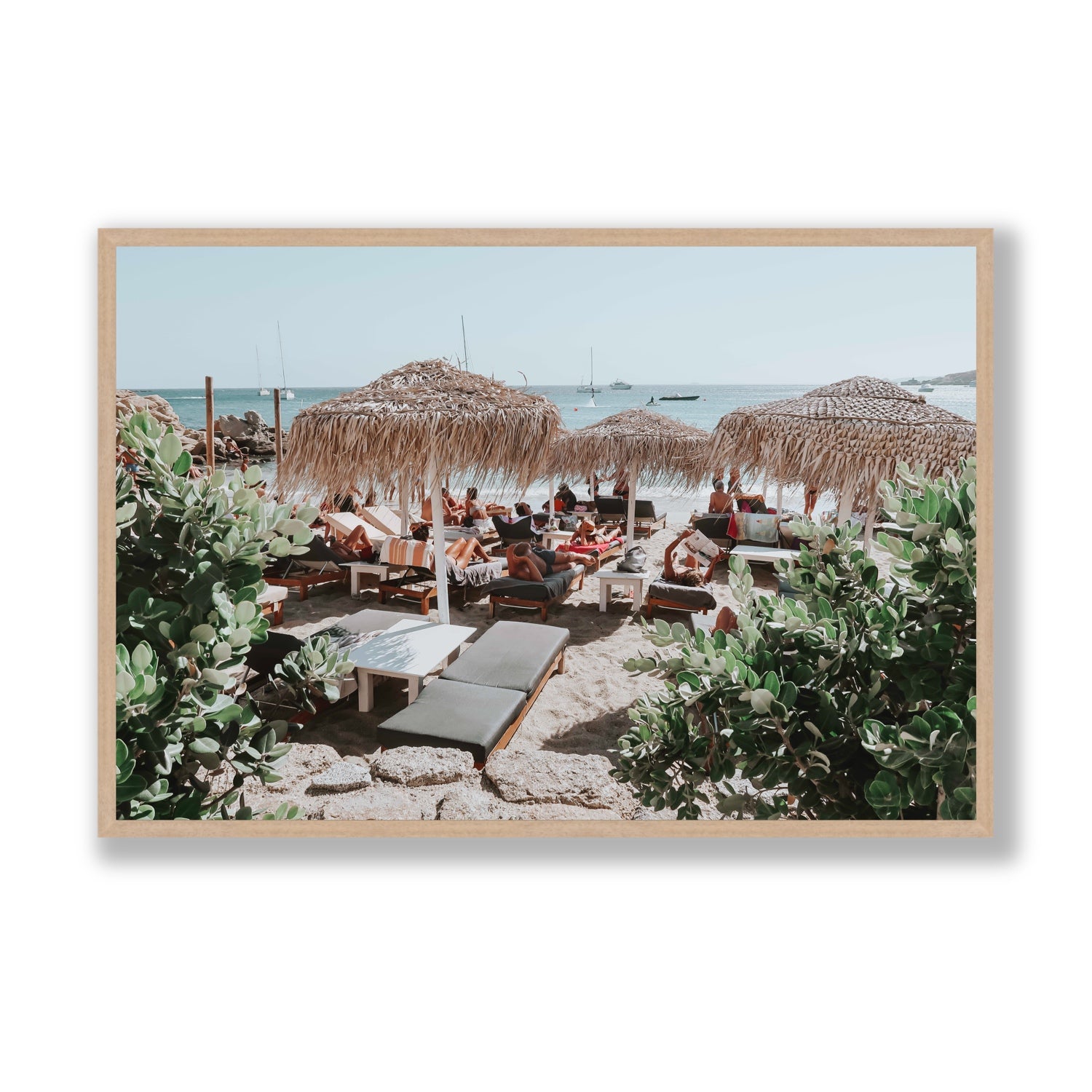 Greek Haven Mykonos Greek island coastal wall art Statement full-bleed fine art print in natural oak frame