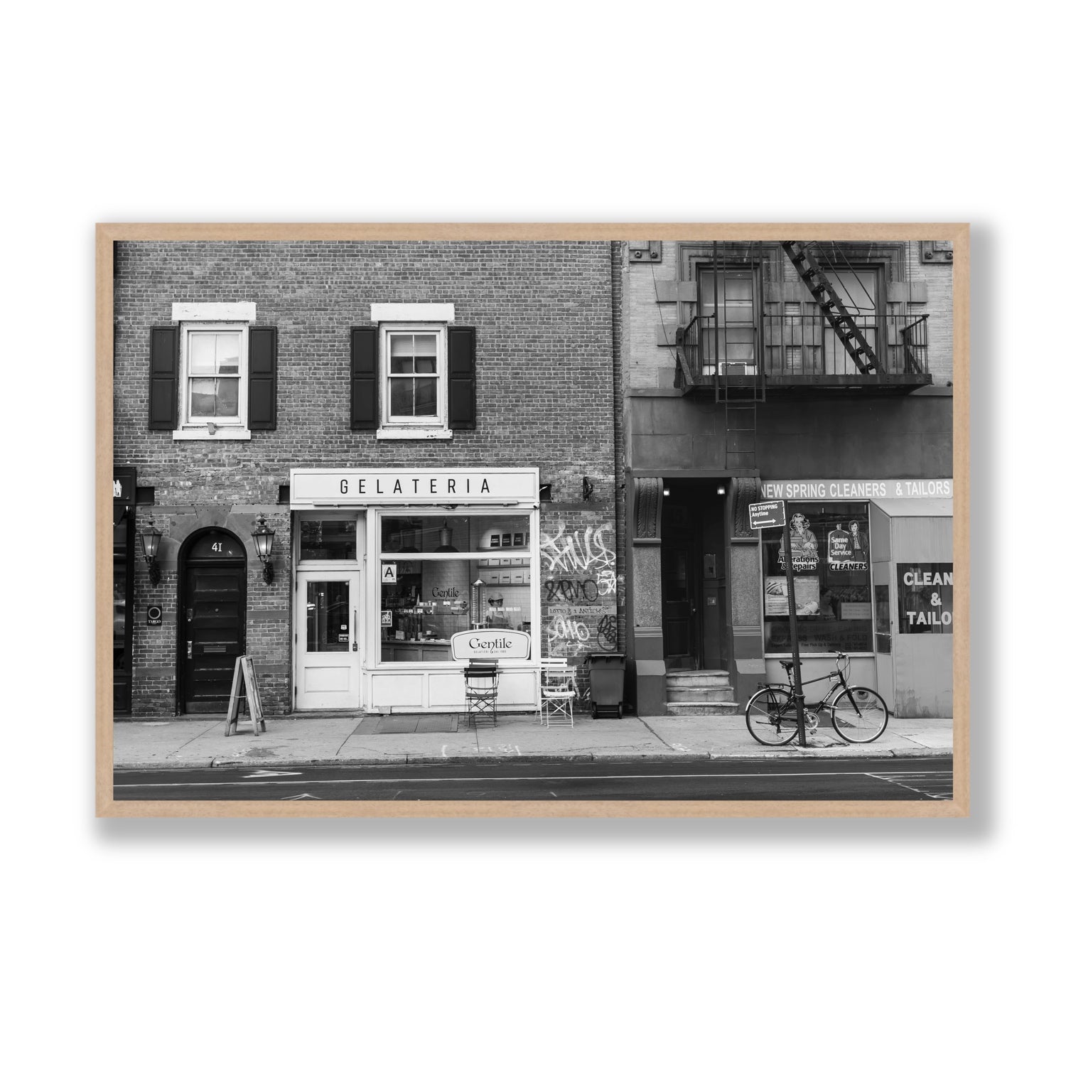 West Village Dolcezza New York NYC Black & White wall art Statement full-bleed fine art print in natural oak frame