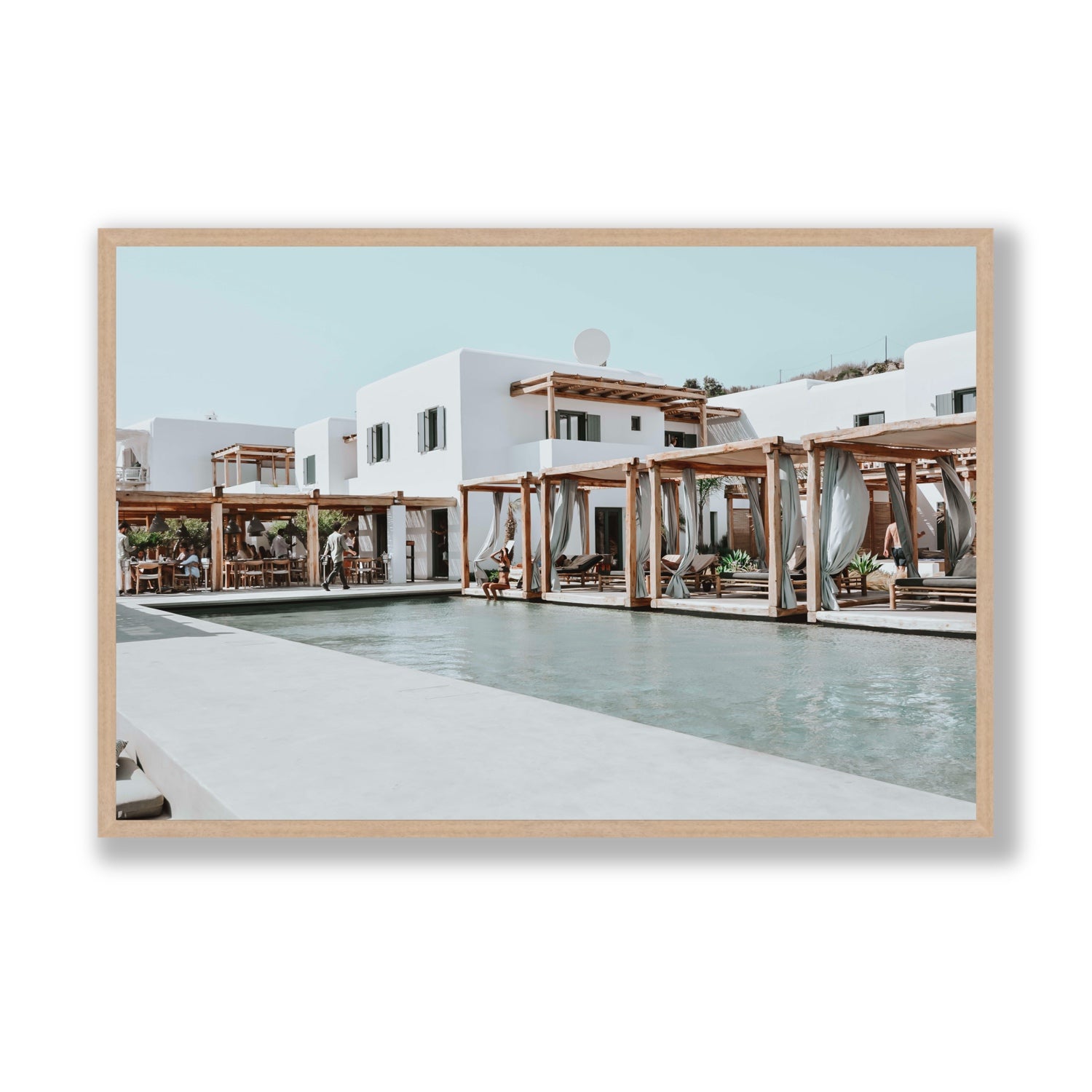 Polytelís Mykonos Greek island wall art Statement full-bleed fine art print in natural oak frame