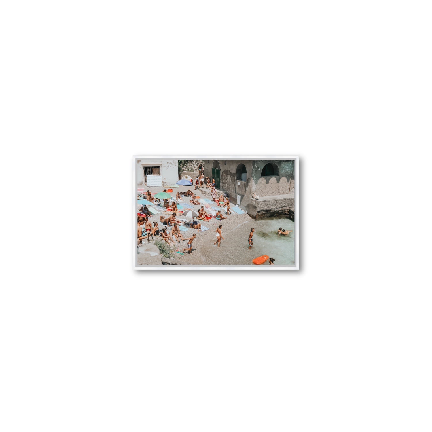 Heatwave Capri beach coastal wall art Small fine art canvas in white float frame