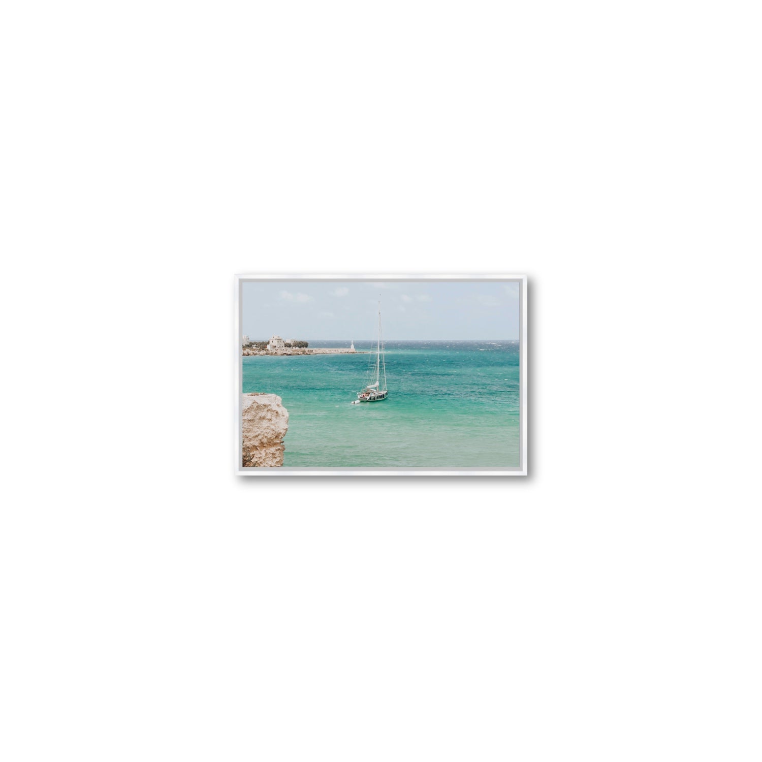 Adriatic Escape Puglia Italian coastal decor wall art Small fine art canvas in white float frame