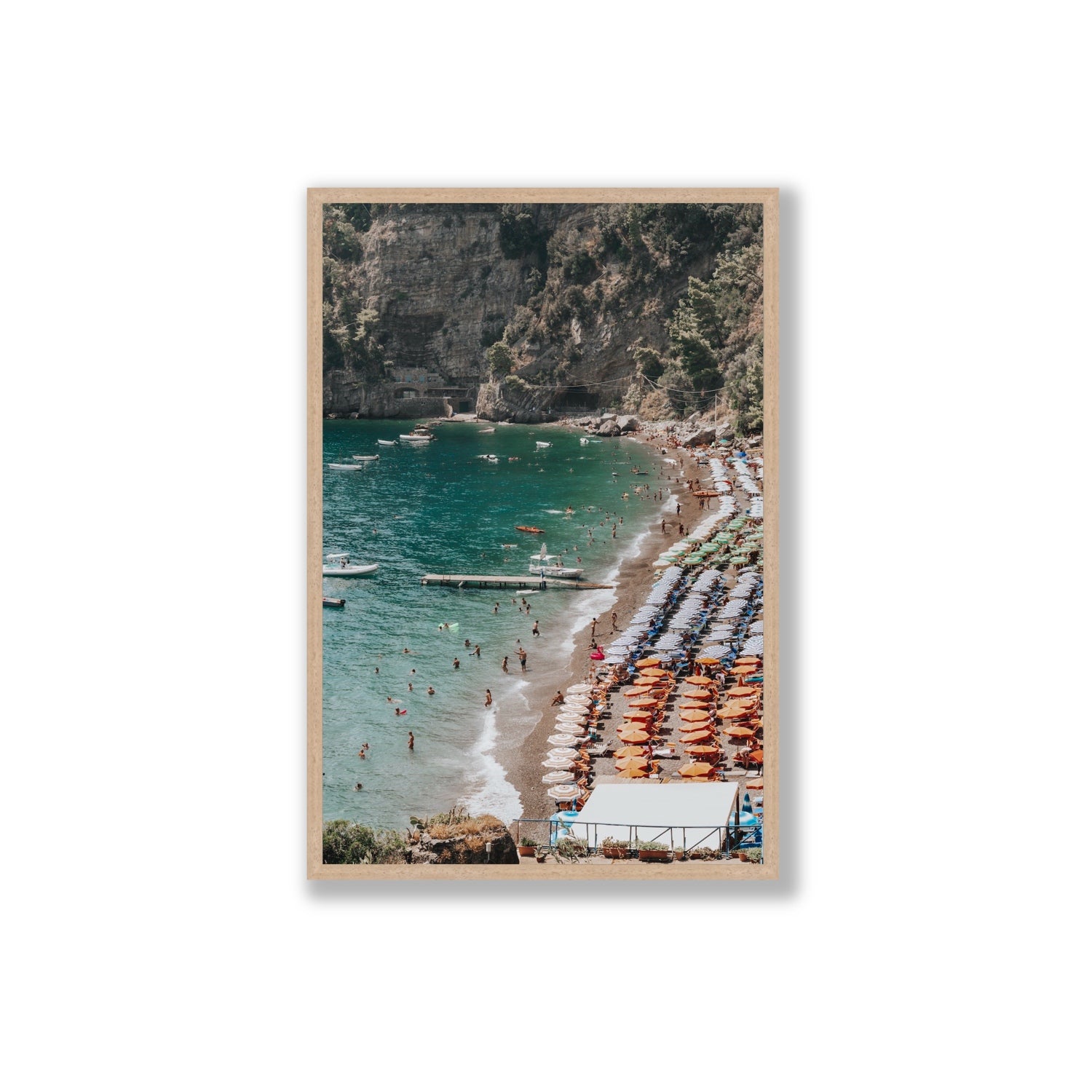 Parasol Panorama fine art print, Positano, Italy, Extra Large, Natural Oak Frame · Full Bleed, Fine Art Print