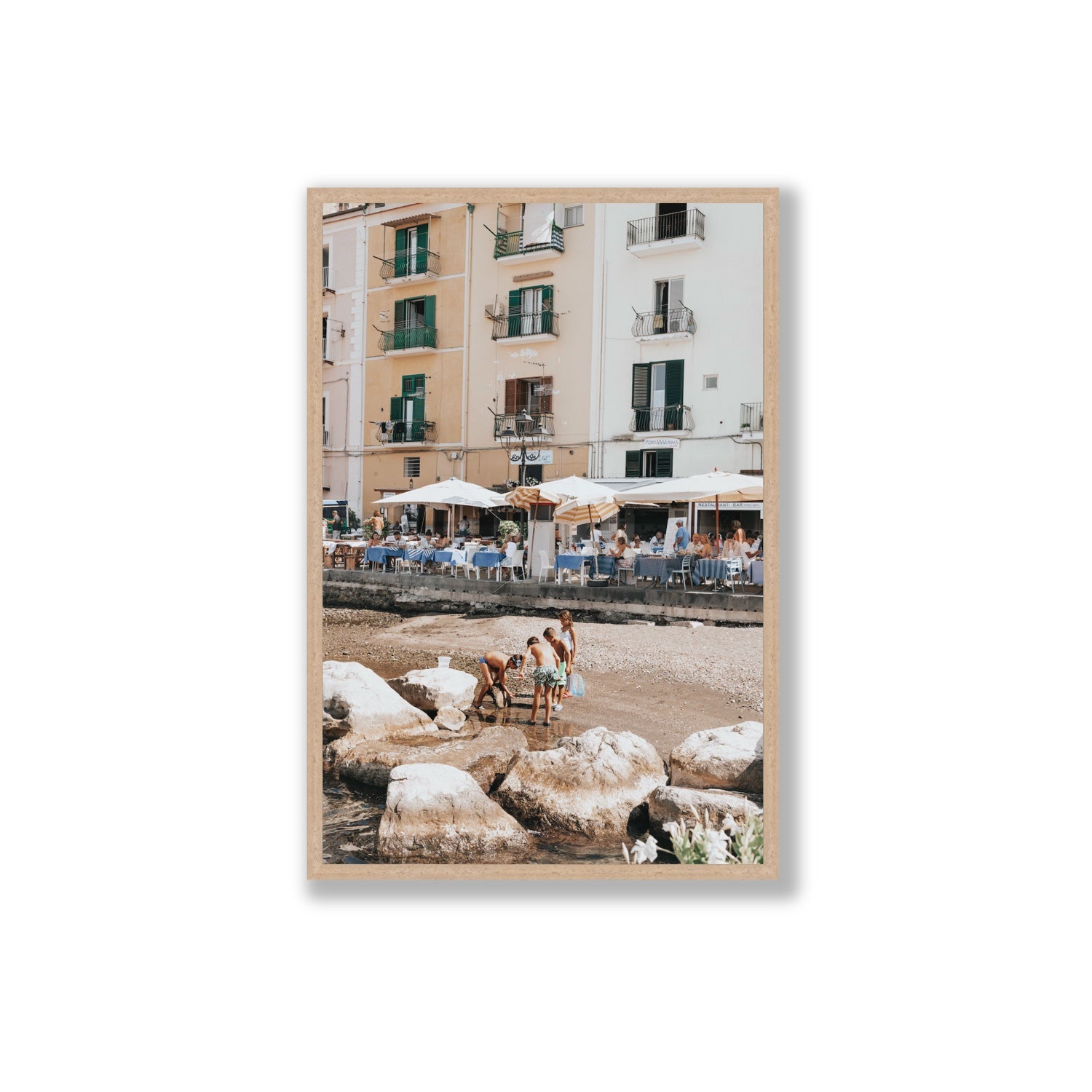 Sunny Playtime Sorrento coastal wall art Extra Large full-bleed fine art print in natural oak frame