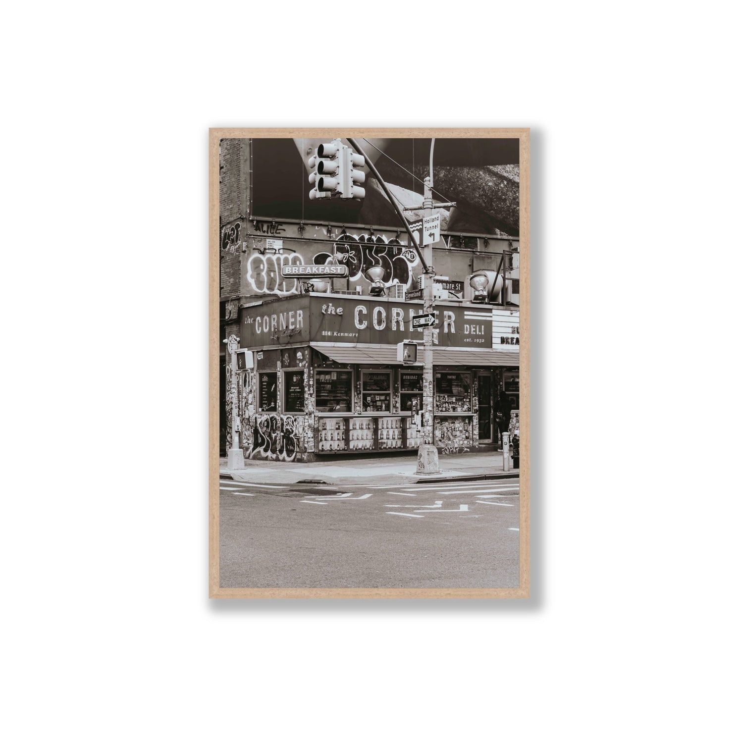 Soho Deli New York NYC Black & White wall art Extra Large full-bleed fine art print in natural oak frame