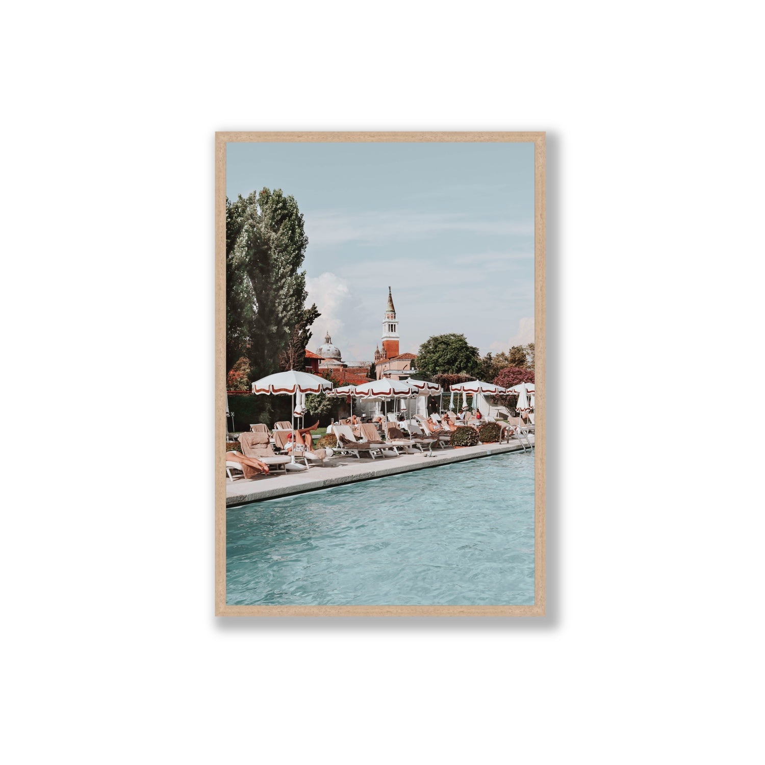 Poolside Perch Venice Italian wall art Extra Large full-bleed fine art print in natural oak frame