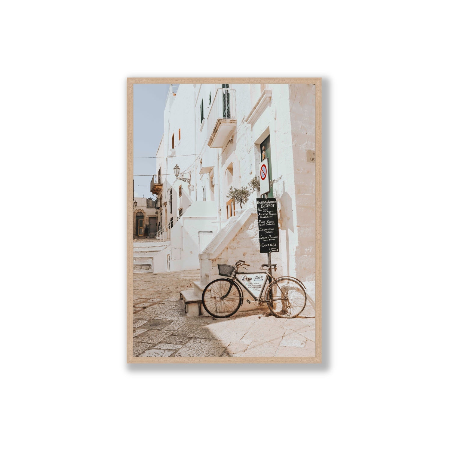 La Bicicletta Puglia Ostuni wall art Extra Large full-bleed fine art print in natural oak frame