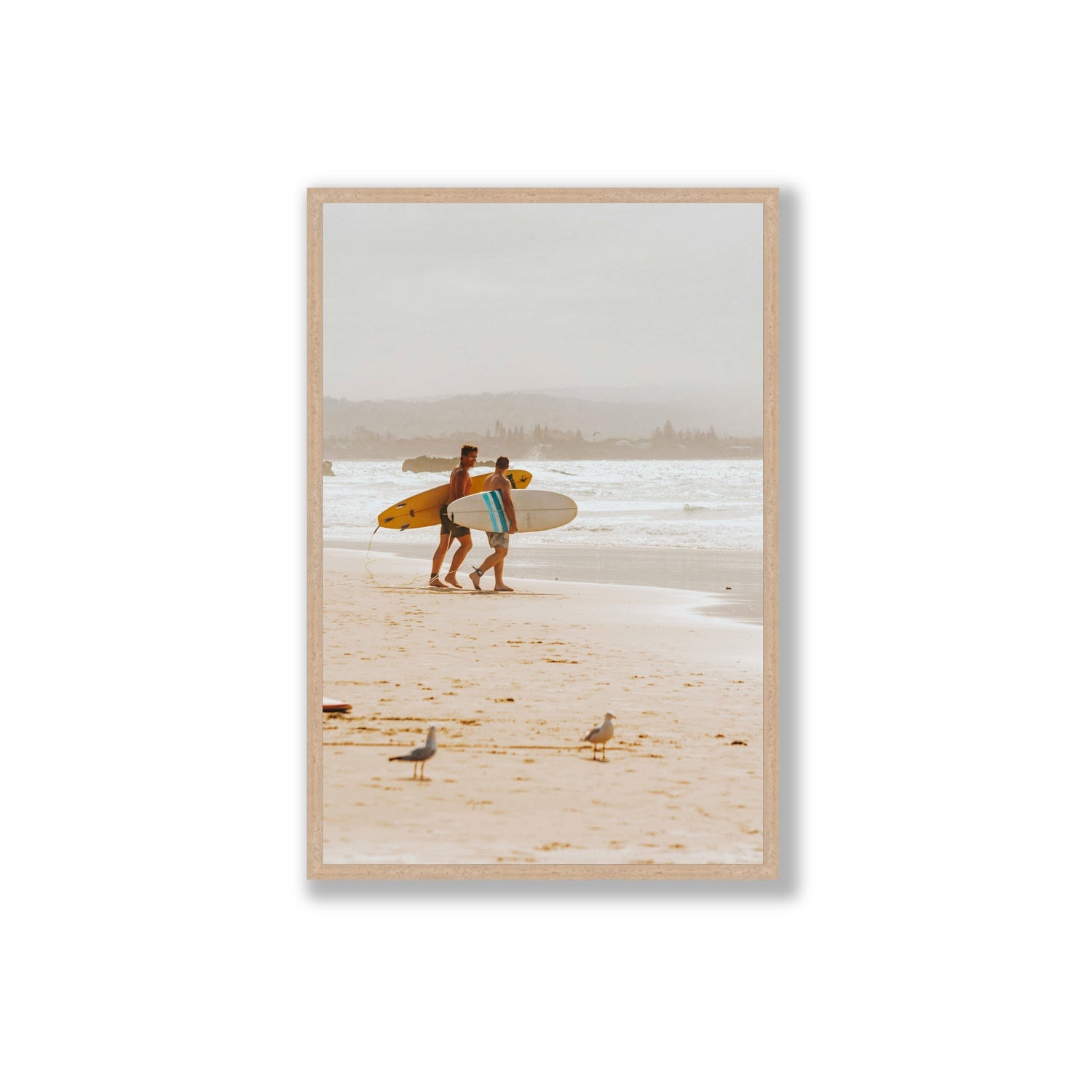 Shane & Benji Byron Bay Surf coastal wall art Extra Large full-bleed fine art print in natural oak frame