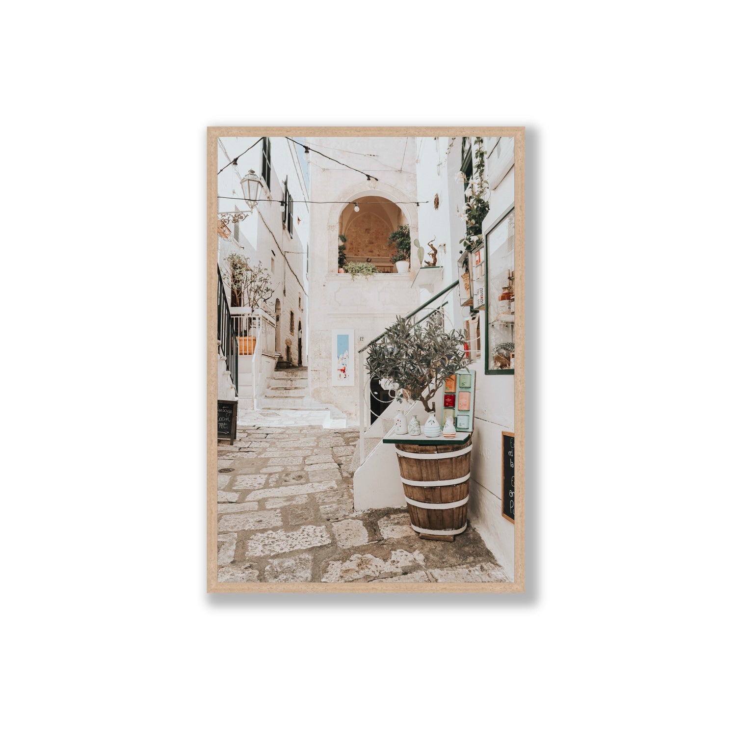 Olive Tree Lane Puglia Ostuni Mediterranean decor wall art Extra Large full-bleed fine art print in natural oak frame