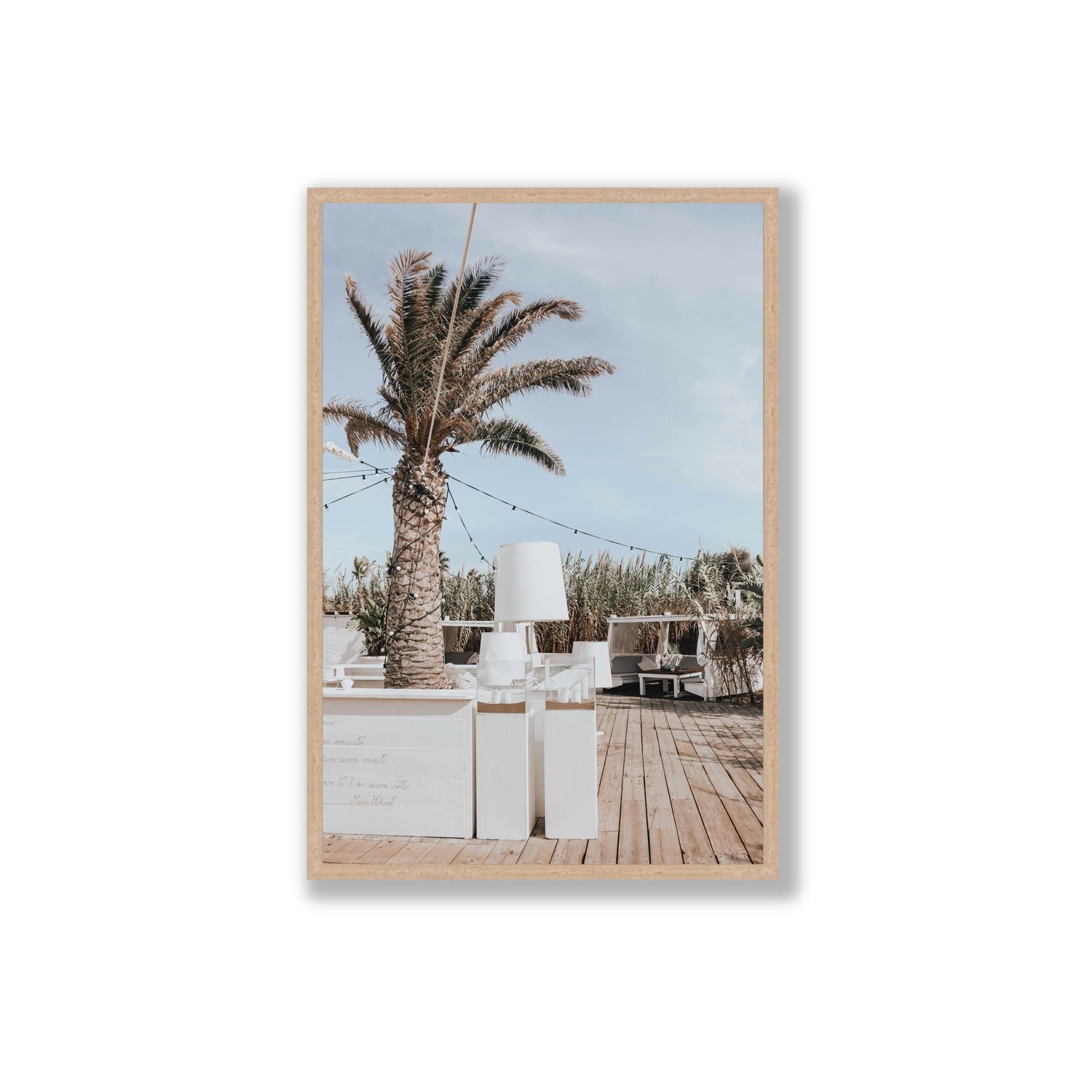 Seabreeze Palm Puglia coastal beach wall art Extra Large full-bleed fine art print in natural oak frame