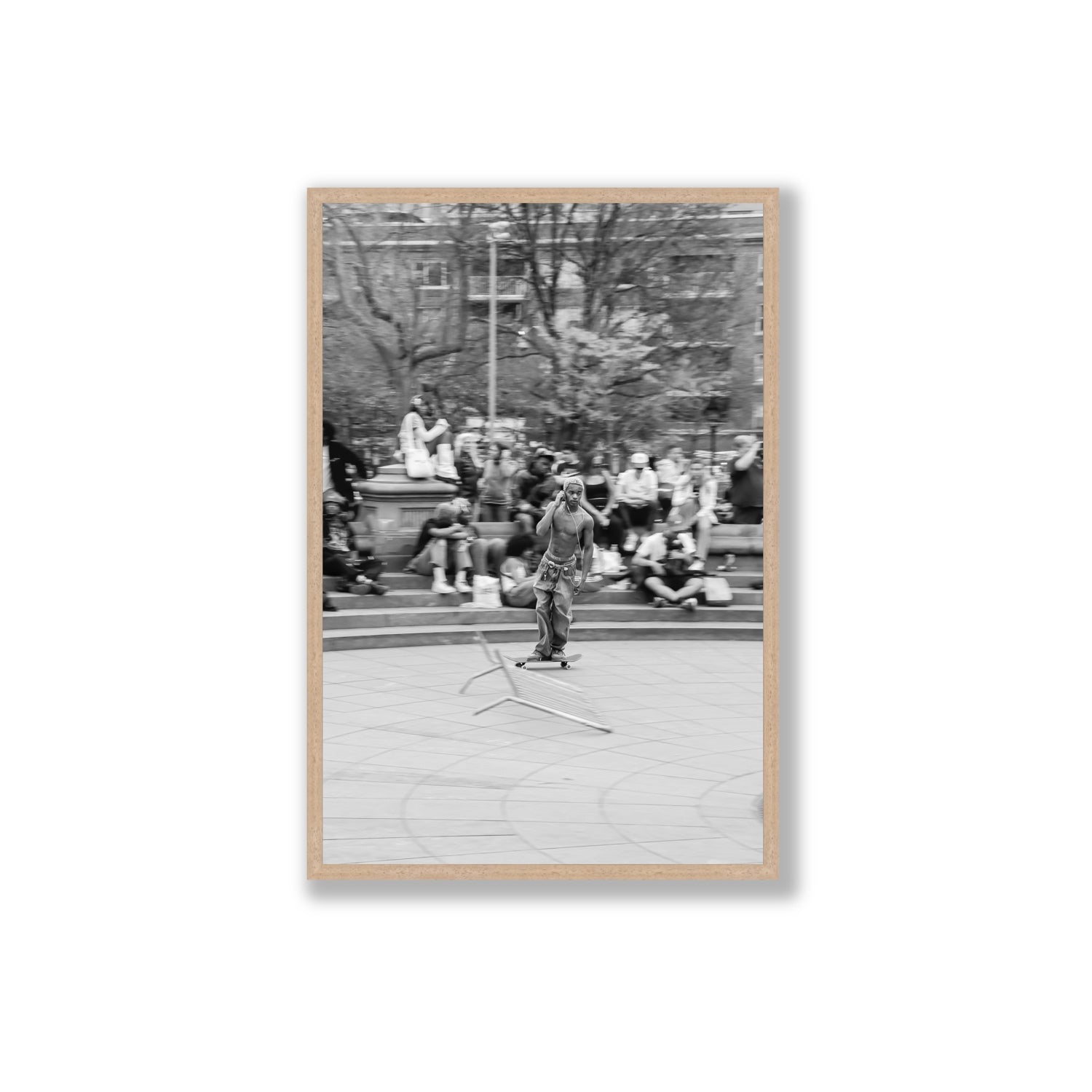 Skate Park Serenade New York NYC Black & White wall art Extra Large full-bleed fine art print in natural oak frame