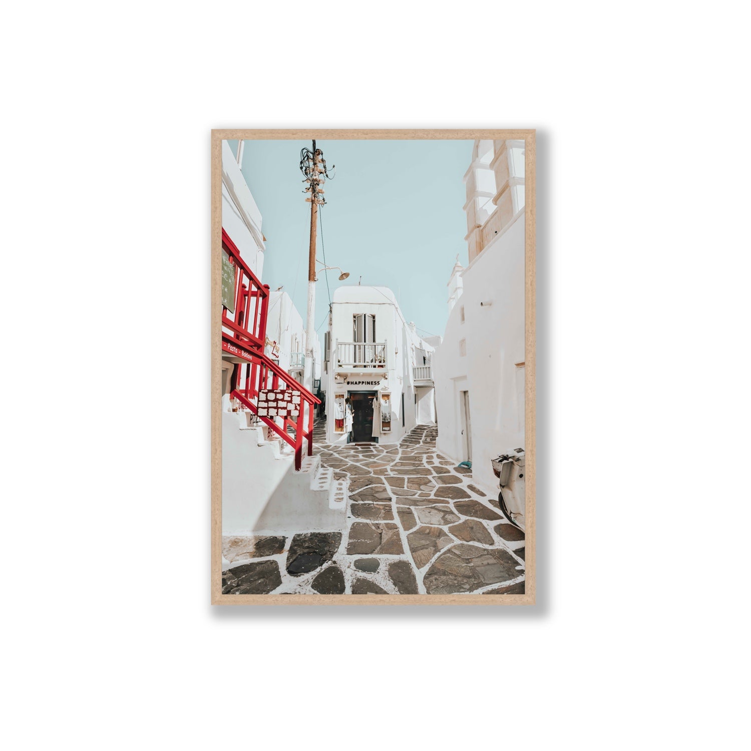 Happiness Mykonos Greek island wall art Extra Large full-bleed fine art print in natural oak frame