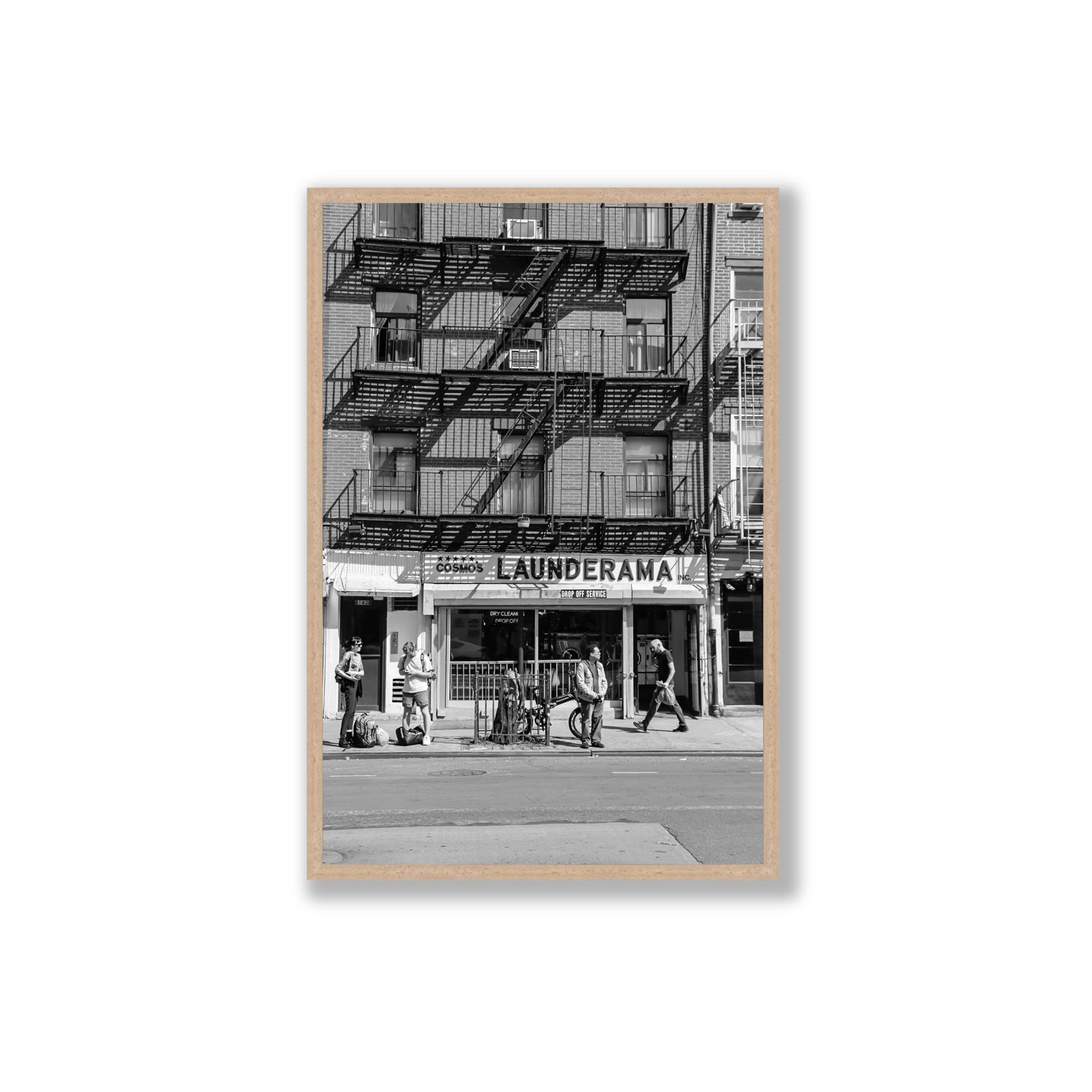 Bus Stop New York NYC Black & White wall art Extra Large full-bleed fine art print in natural oak frame