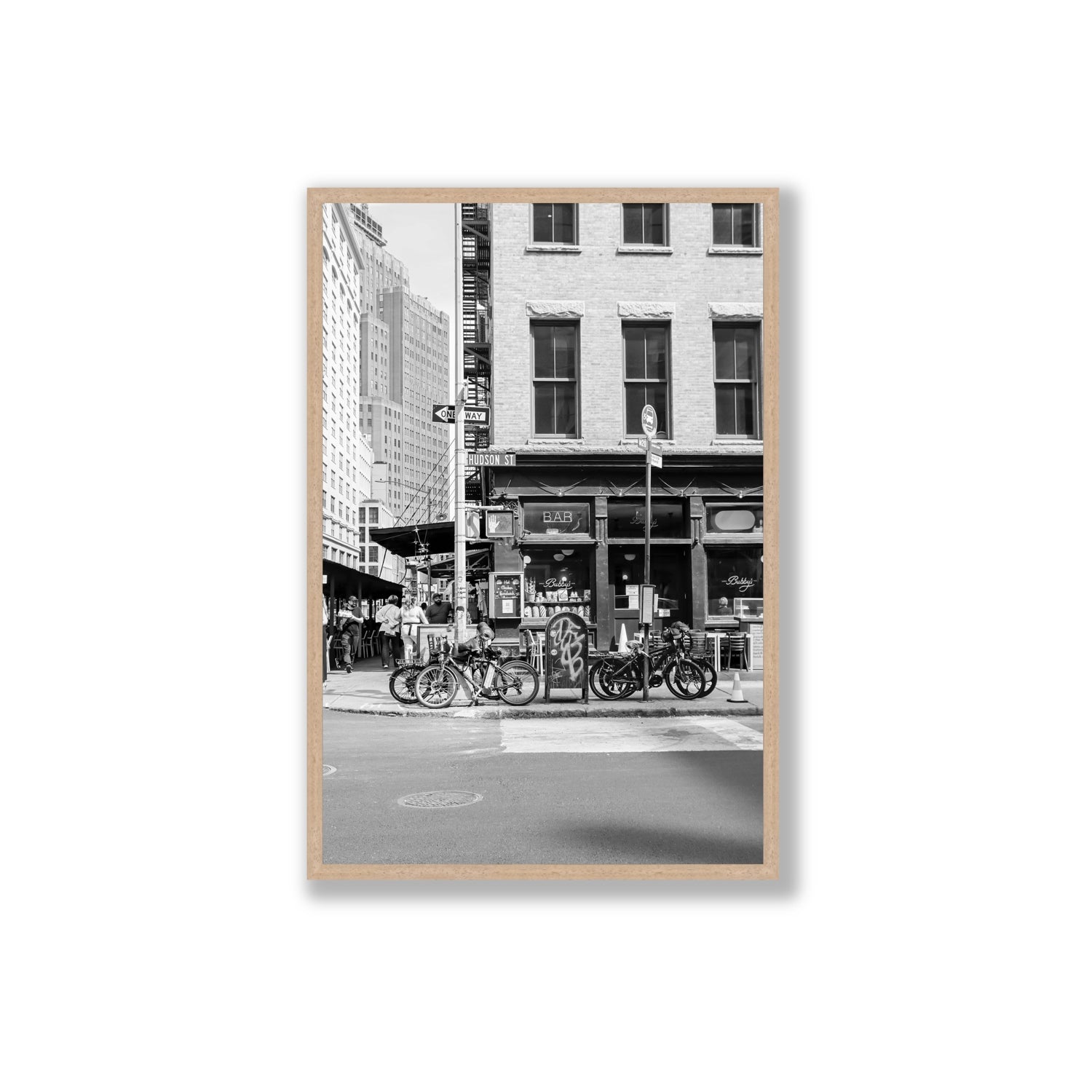 Bites Of The Big Apple New York NYC Black & White wall art Extra Large full-bleed fine art print in natural oak frame