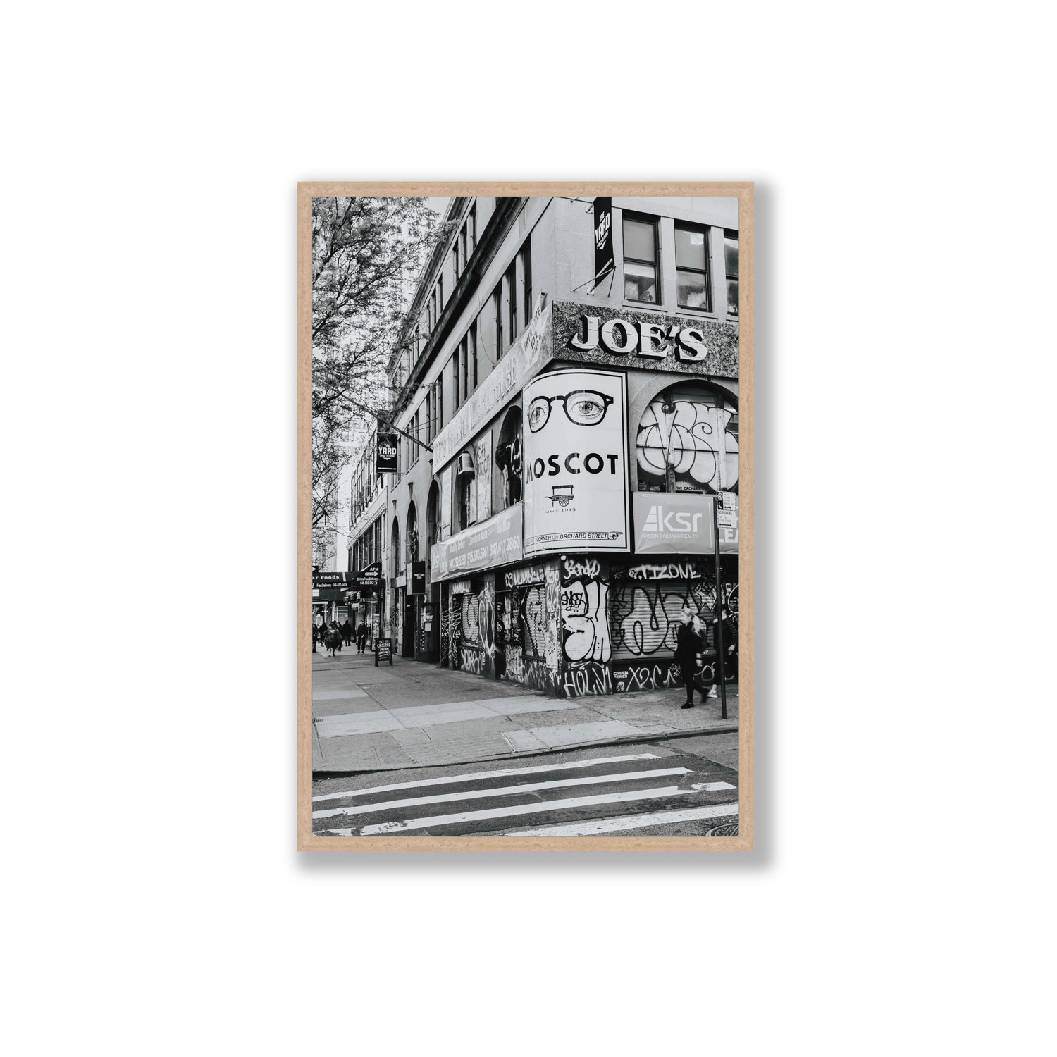 Lower East Side Murals New York NYC Black & White wall art Extra Large full-bleed fine art print in natural oak frame