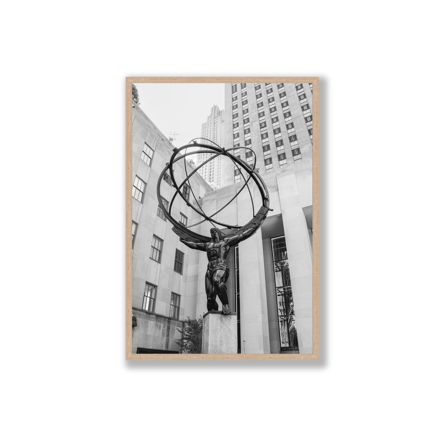 Atlas Ascends New York NYC Black & White wall art Extra Large full-bleed fine art print in natural oak frame
