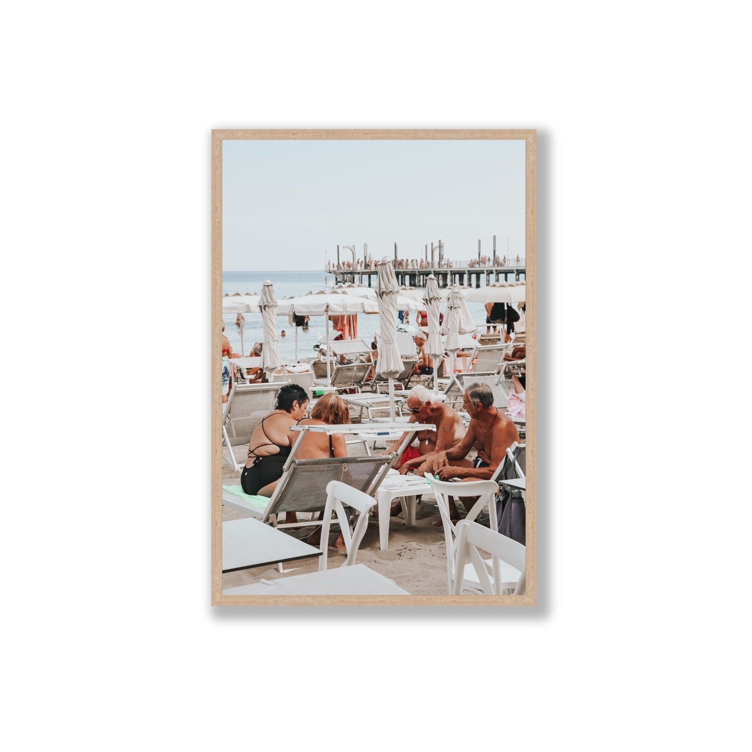 Salted Shuffle fine art print, Alassio, Italy, people and locals artwork, Extra Large, Natural Oak Frame · Full Bleed, Fine Art Print