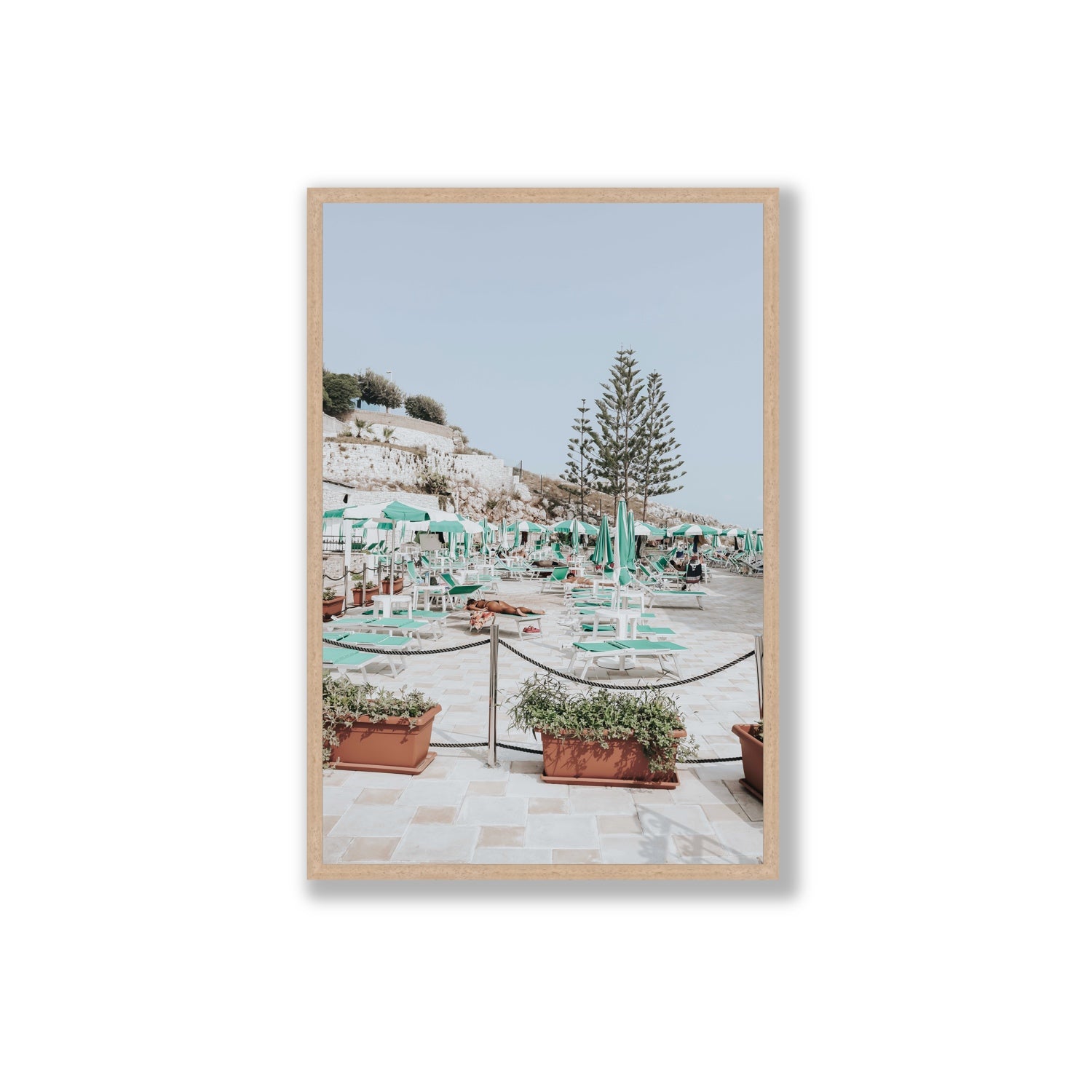 Siesta on The Terrace Puglia coastal wall art Extra Large full-bleed fine art print in natural oak frame