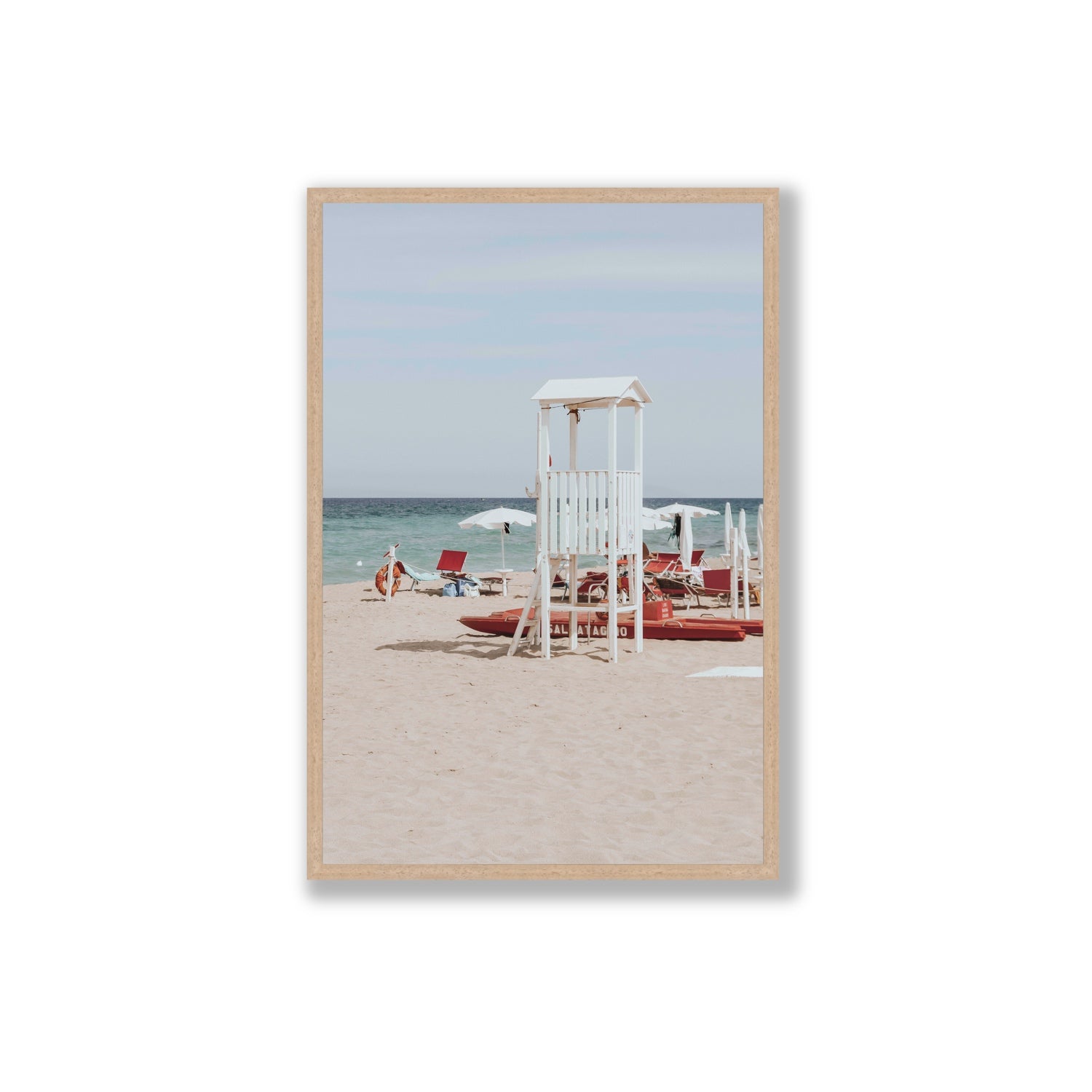 Barefoot Bliss Puglia beach Italian coastal decor wall art Extra Large full-bleed fine art print in natural oak frame