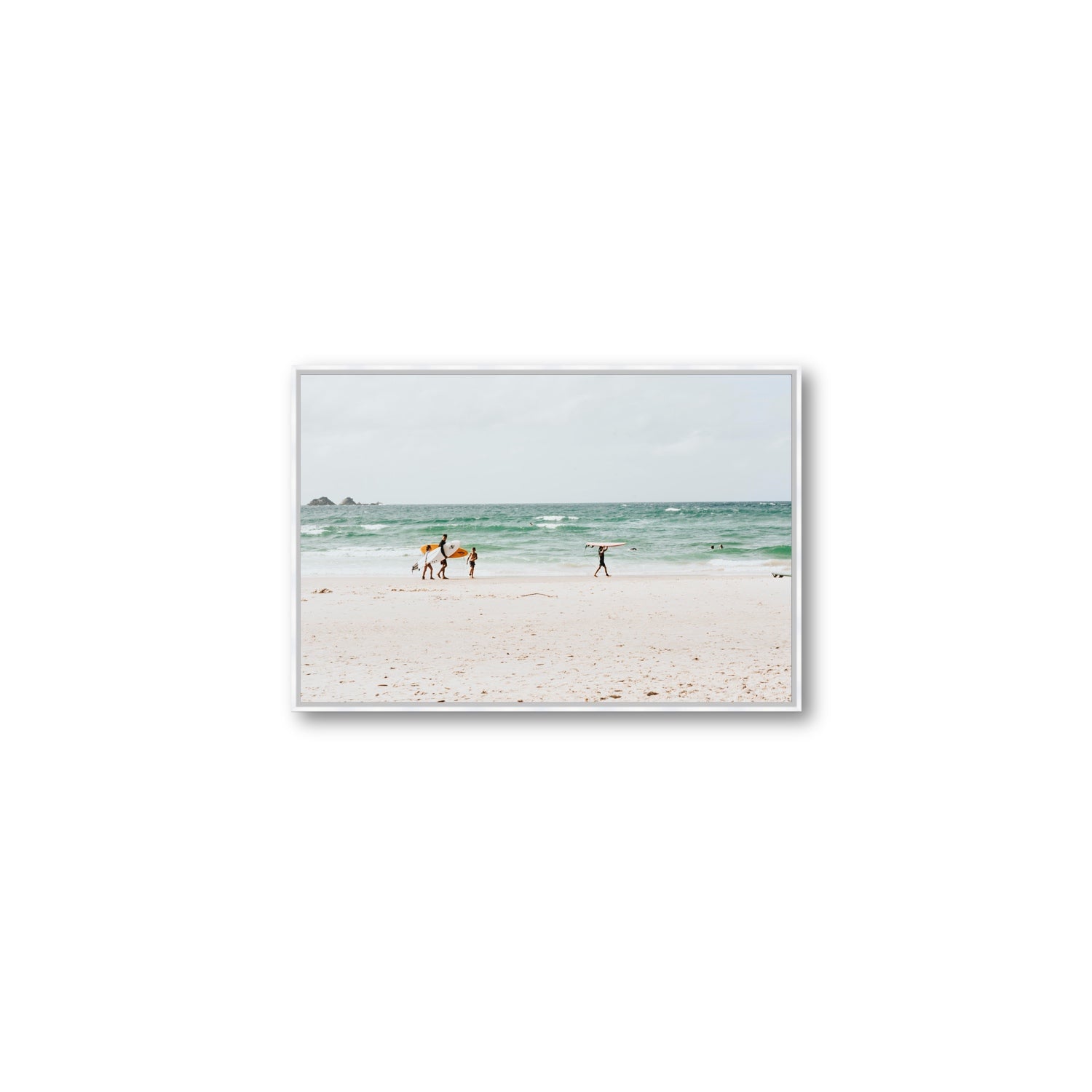 La Famiglia Byron Bay Family Surf coastal wall art Medium fine art canvas in white float frame