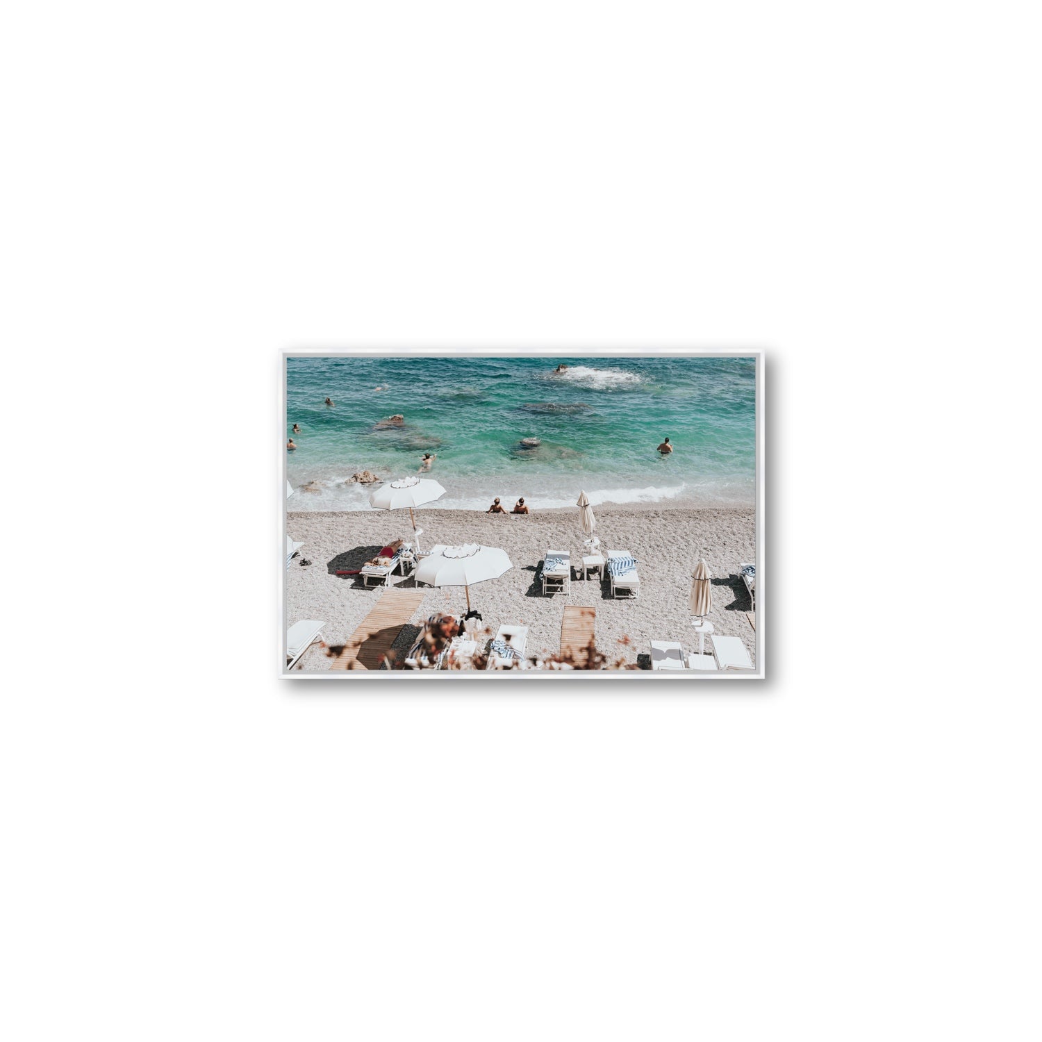 Amicizia Amalfi Italian beach wall art Medium fine art canvas in white float frame
