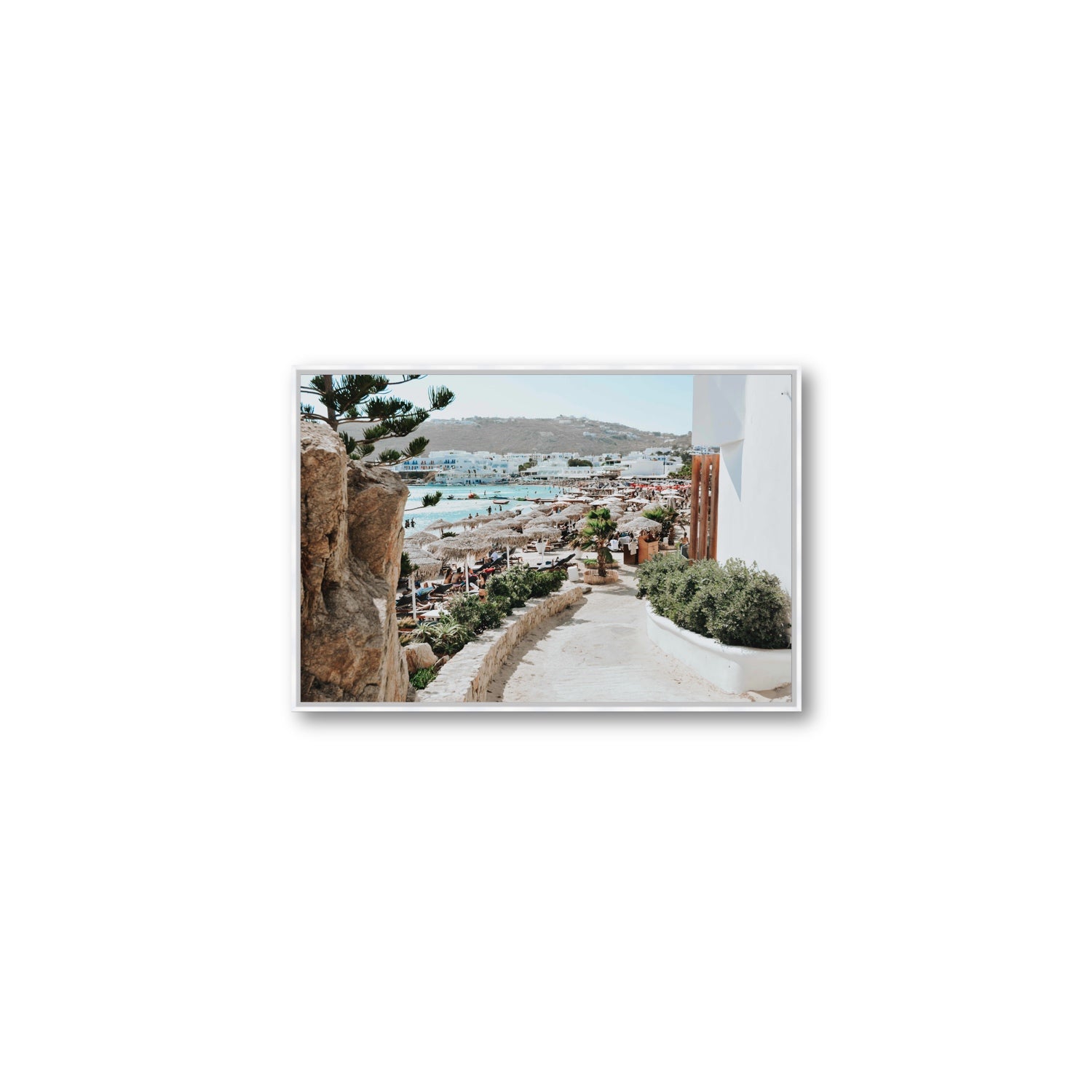 Kalimera Mykonos Greek island wall art Medium fine art canvas in white float frame